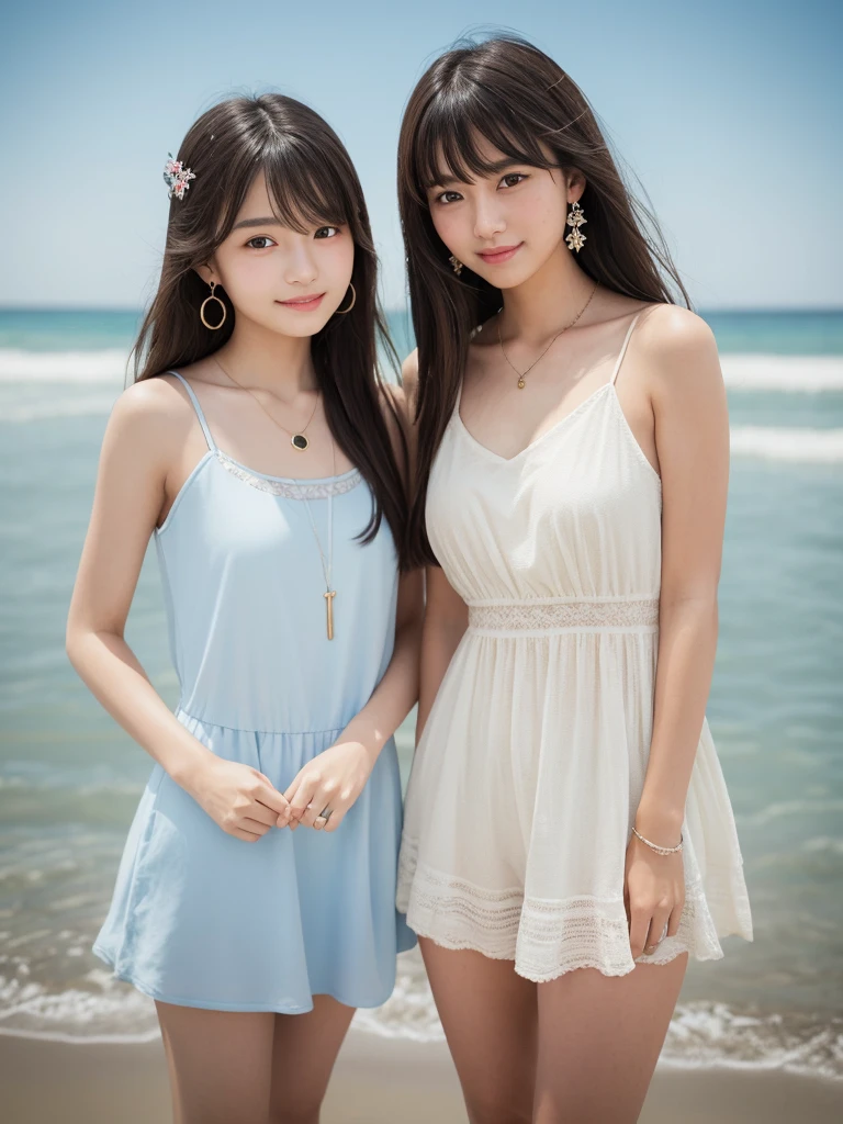 2 girls , (couple focus:1.2), Classmate, adorable, , 14 years, Upper body, japanese girl, cheeks and cheeks, ruffle summer dress, twin tails, beach, (smile:0.7), hair scrunchie, low contrast, highest quality, 超A high resolution, photo-realistic, super detailed, 8k, RAW photo,browse down