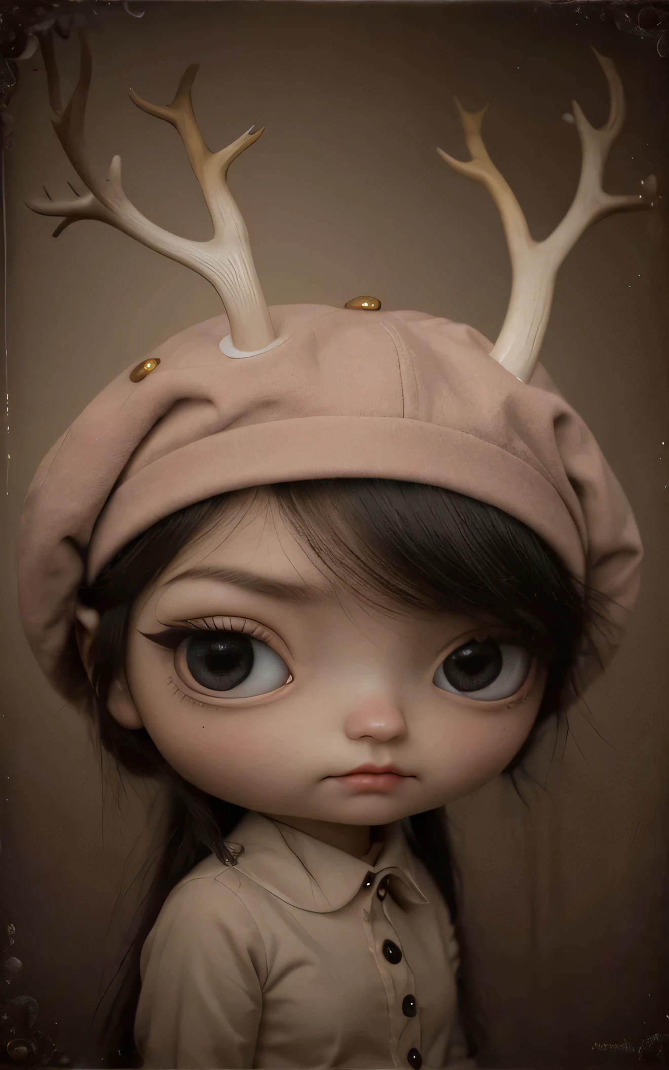 Painting of a girl with deer antlers on her head, Estilo Mark Ryden, Mark Ryden muy detallado, Estilo de Mark Ryden, Naoto Hattori, Surrealismo pop lowbrow, Mark Ryden en el estilo de, benjamin lacombe, Earley, Surrealismo pop Lowbrow Art Style, Arte lowbrow, por Mark Ryden, cute and beautiful, wearing cap, more details, amazing, colorful, with animals, with cute cat, with birds, holding a lollipop