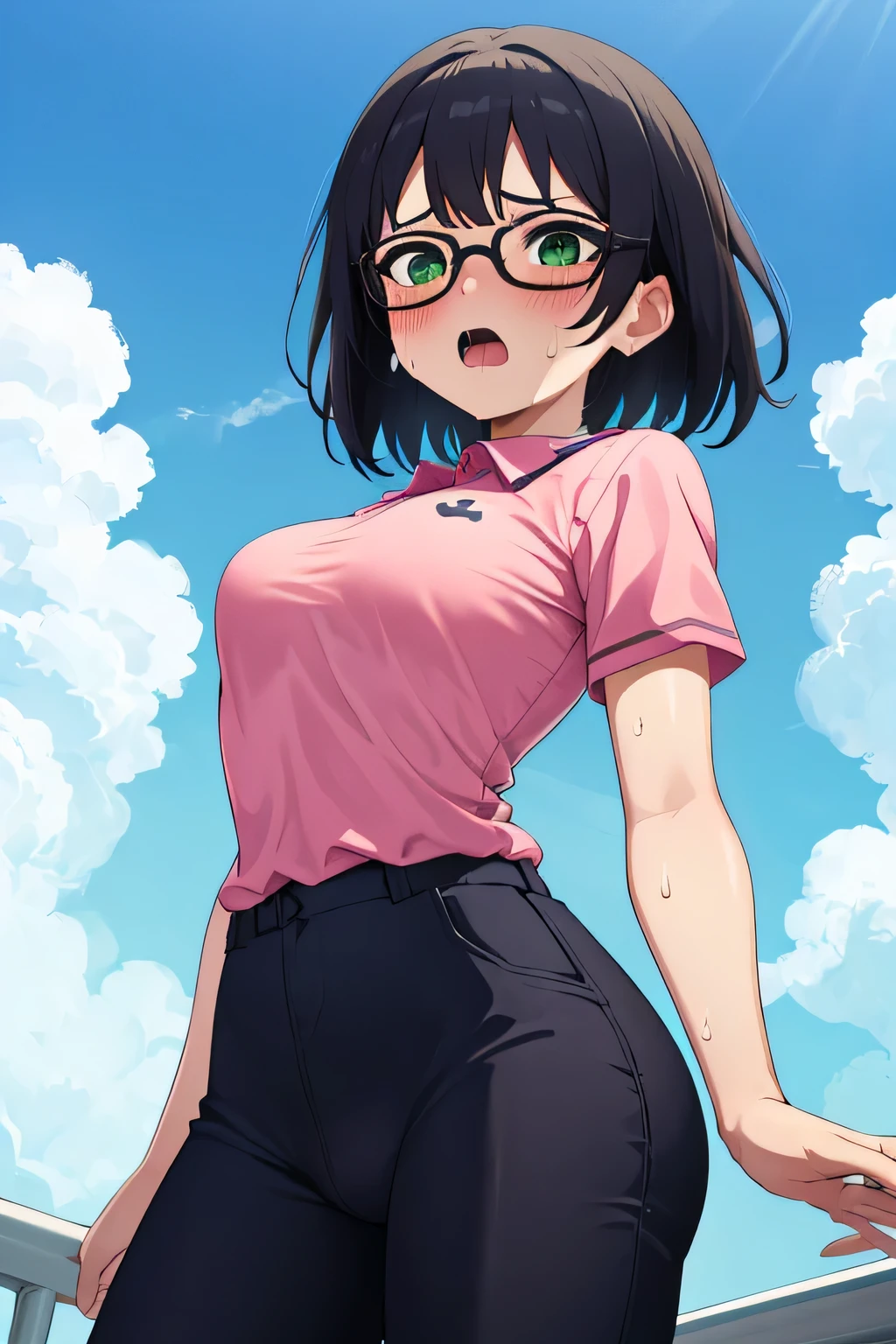 Bust Up Onomichi,De metamorphosis、Small breasts,Black Hair,short hair,Green Eyes, Black-rimmed glasses,(Pink polo shirt,Short sleeves, skin-colored pants) ,(Sweaty skin:1.1), Outdoor,sunlight, Blue sky with clouds,Strong winds,(High resolution, high quality:1.1), Intricate details,  1 girl,(blush,Embarrassing)Feeling, touching the crotch, buttocks, something is in the crotch and vibrating, drooling, body trembling, lots of vibrators