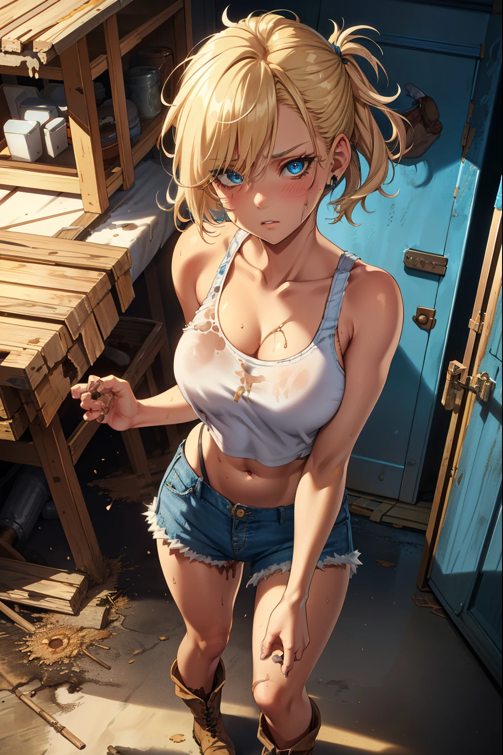 blue eyes, blonde hair, runny Makeup, (extremely detailed CG unity 4k wallpaper),(masterpiece),(best quality),(ultra-detailed),(best illustration),(best shadow),(absurdres),(detailed background), Trailer park trash, Short blonde hair (Messy), Croptop tank top (filthy), denim short skirt (filthy), Cowgirl boots, Sad expression,