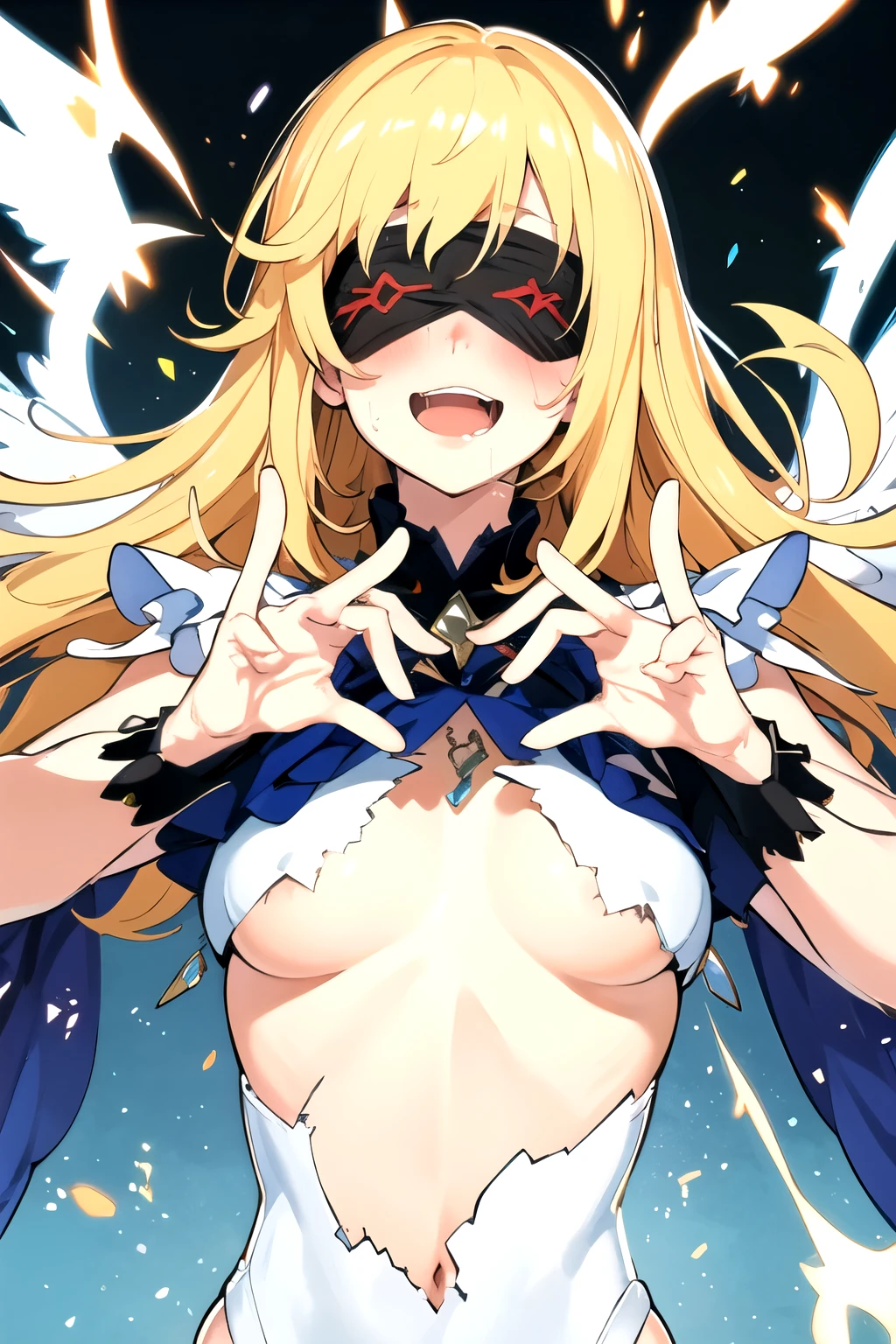 angel, wing, masterpiece, detailed quality, 1girl, solo, gradient background, score_9, source_anime, score_8_up, score_7_up, x3dce, 3d, IncrsXLBrknGls, broken glass, upper body, (reflection), ebiblue, gesugao, glowing eyes, blush, wide smile, hands on face, drool, floating hair, debris, Put on a blindfold
