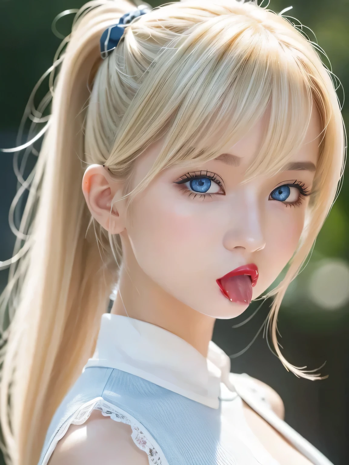 Sticking out pink wet tongue、Glossy red lip gloss