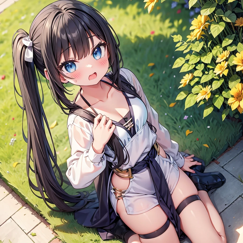 highest quality,wonderful,finely,extremely detailed CG Unity 8K wallpaper, (Stand in line:1.2), (3 girls, cute eyes, Black Hair, side ponytail, clothed), (sparkling eyes:1.2), (small breasts), (wariza:1.4), (cleavage), (open mouth:1.1), (long tongue:1.1), (mouth drool:1.1), (black stockings:1.1),(Thighs:1.2),(Waistline:1.1),(Waistline), (From above:1.4)