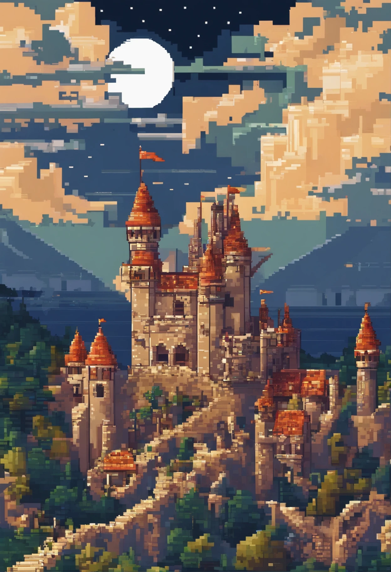 Pixel Art,middle Ages,outdoor, (港口town),Night Sky,(moon), plant, architecture, Star , town,Look down from above