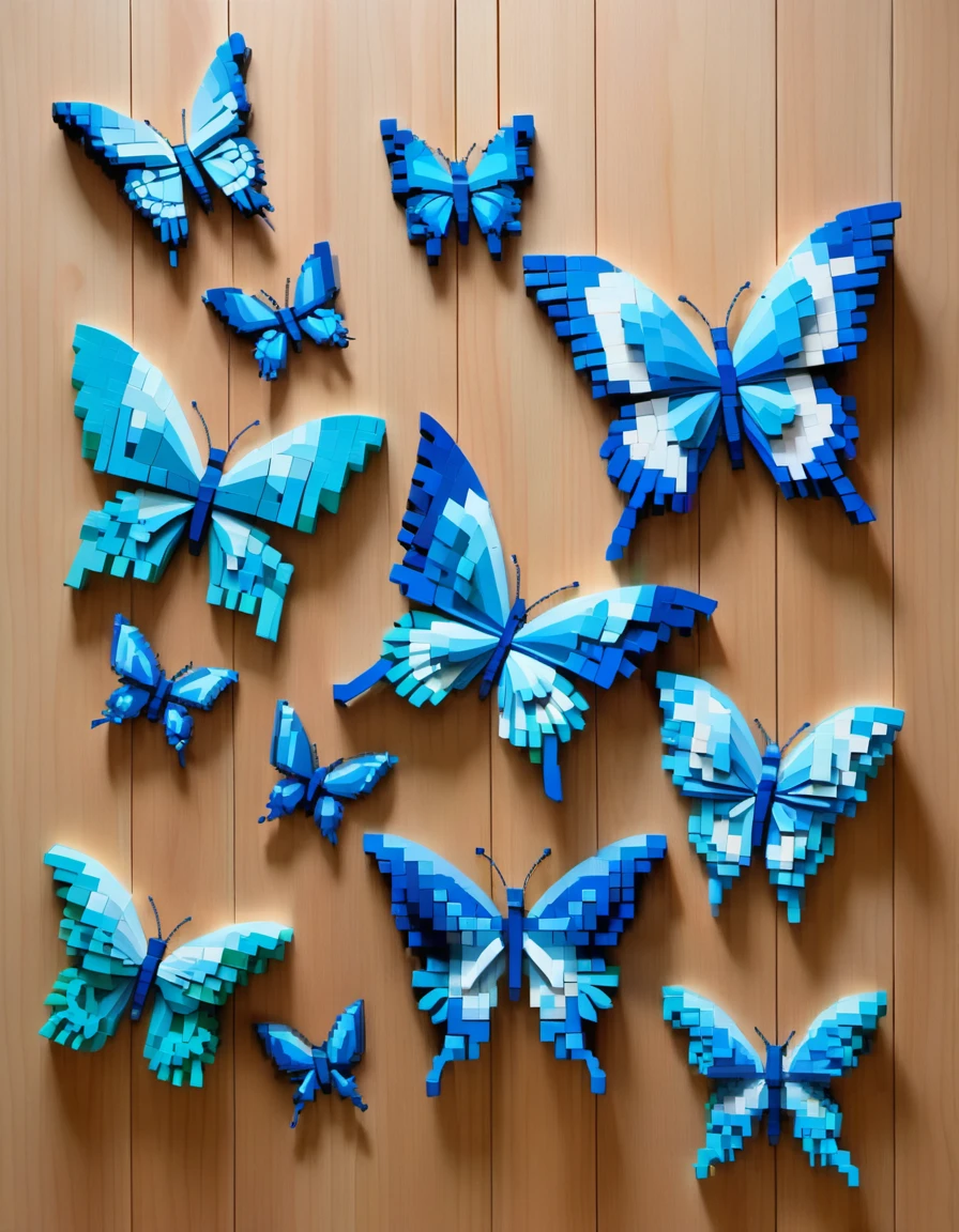 Pixel Art，Australian artist Gil Bruvel uses colored wood blocks to create voxel blue butterflies