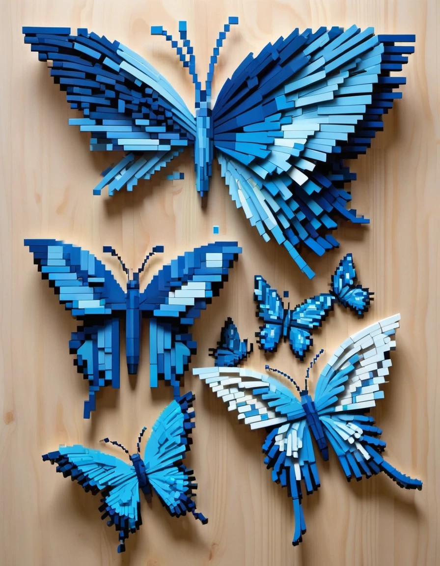 Pixel Art，Australian artist Gil Bruvel uses colored wood blocks to create voxel blue butterflies