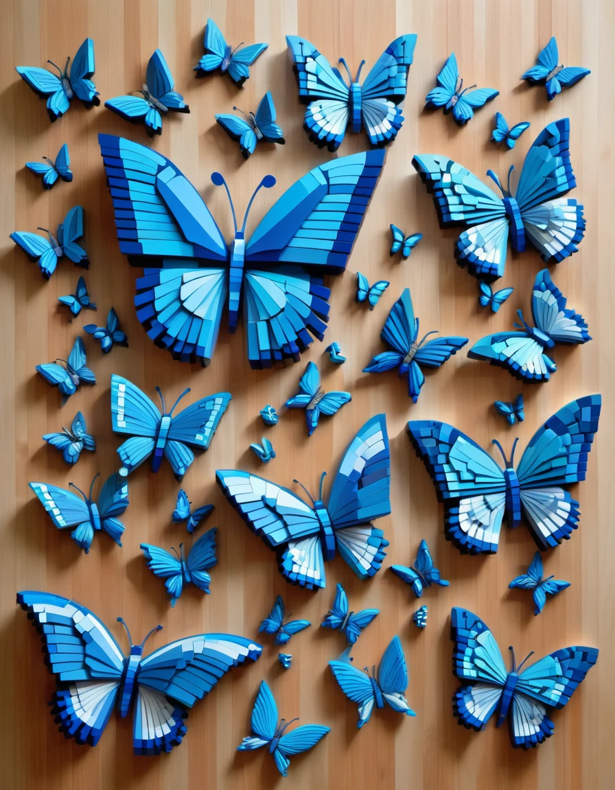 Pixel Art，Australian artist Gil Bruvel uses colored wood blocks to create voxel blue butterflies