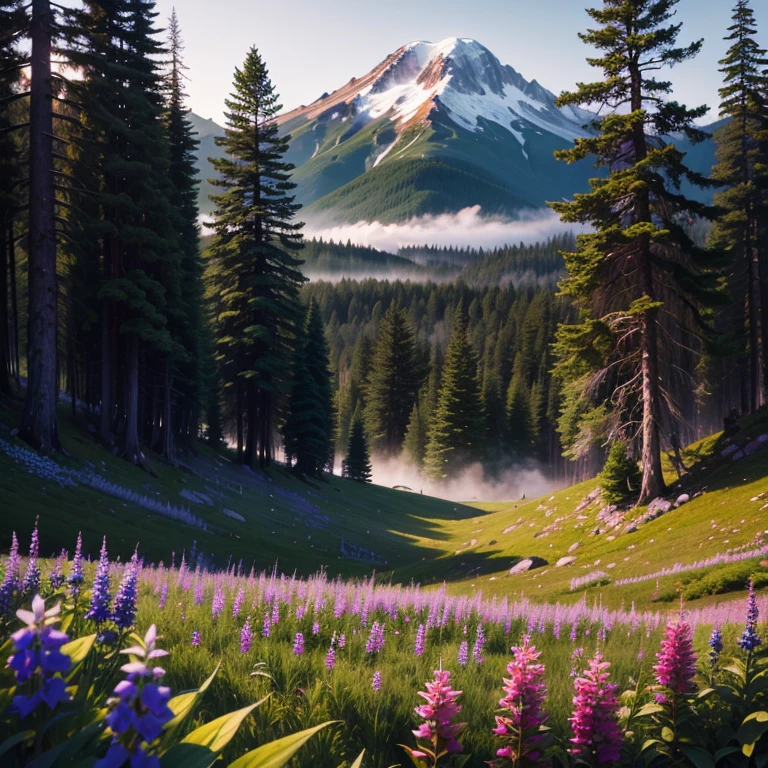 muted colors with a dark grey sky and dense fog in the air. wild flowers covered an alpine meadow everywhere with tall trees in the background. a mountain scene of washington state in rainier national park with wild indigo and white larkspur flowers covering the ground. a dense pine forest in the distance and dense fog in the foreground on