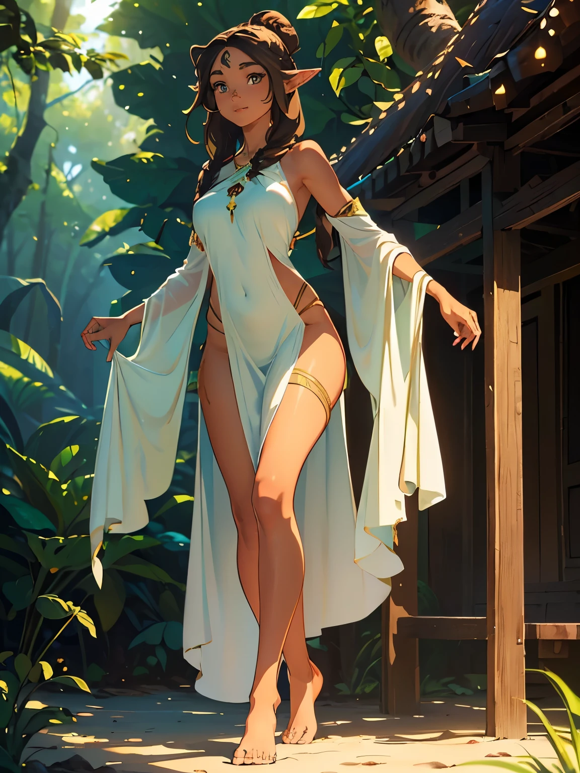 masterpiece, high quality, illustration, extremely detailed, cg unity 8k, ((summer: 1.4)), 1_women, ((full body)), (tan exotic skin_complexion:1.4), mature, statuesque, beautiful, exotic, with long elf ears, smiling, (((looking away from viewer))), medium breast, thigh gap, (wearing ((green)) diaphanous robes), white backless halter top dress, bare_shoulders, bare foot, (((long brown hair))), ((twin hair buns)), detailed face having (((hazel eyes)), dark_eyeliner, long_eyelashes), natural dynamic lighting casts detailed shadows, forest, temple 