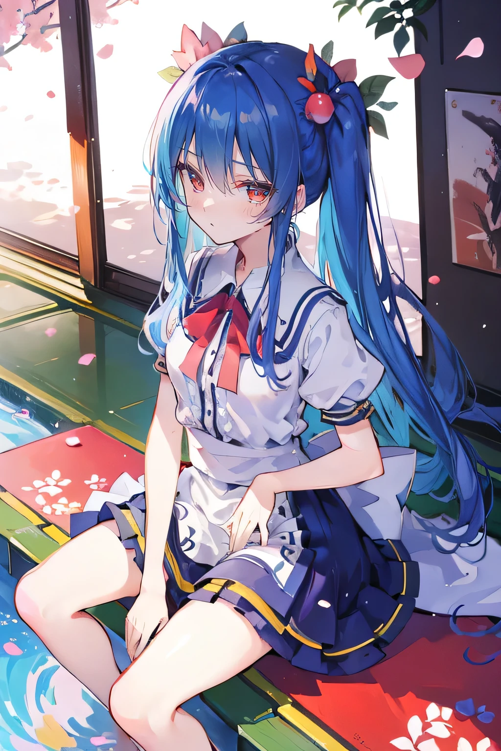 (best quality, masterpiece:1.2), expressive eyes, perfect face, 1 girl, hands on waist, beautiful, gorgeous, Japanese animation, Lola, Hinamori Angel, blue hair, floating clothes, waist grab, waist grab, hands on hips, sitting, sitting on the ground, legs on the ground, flat-chested, falling petals, sitting in a pavilion, pavilion,sunrise,Petals fall,