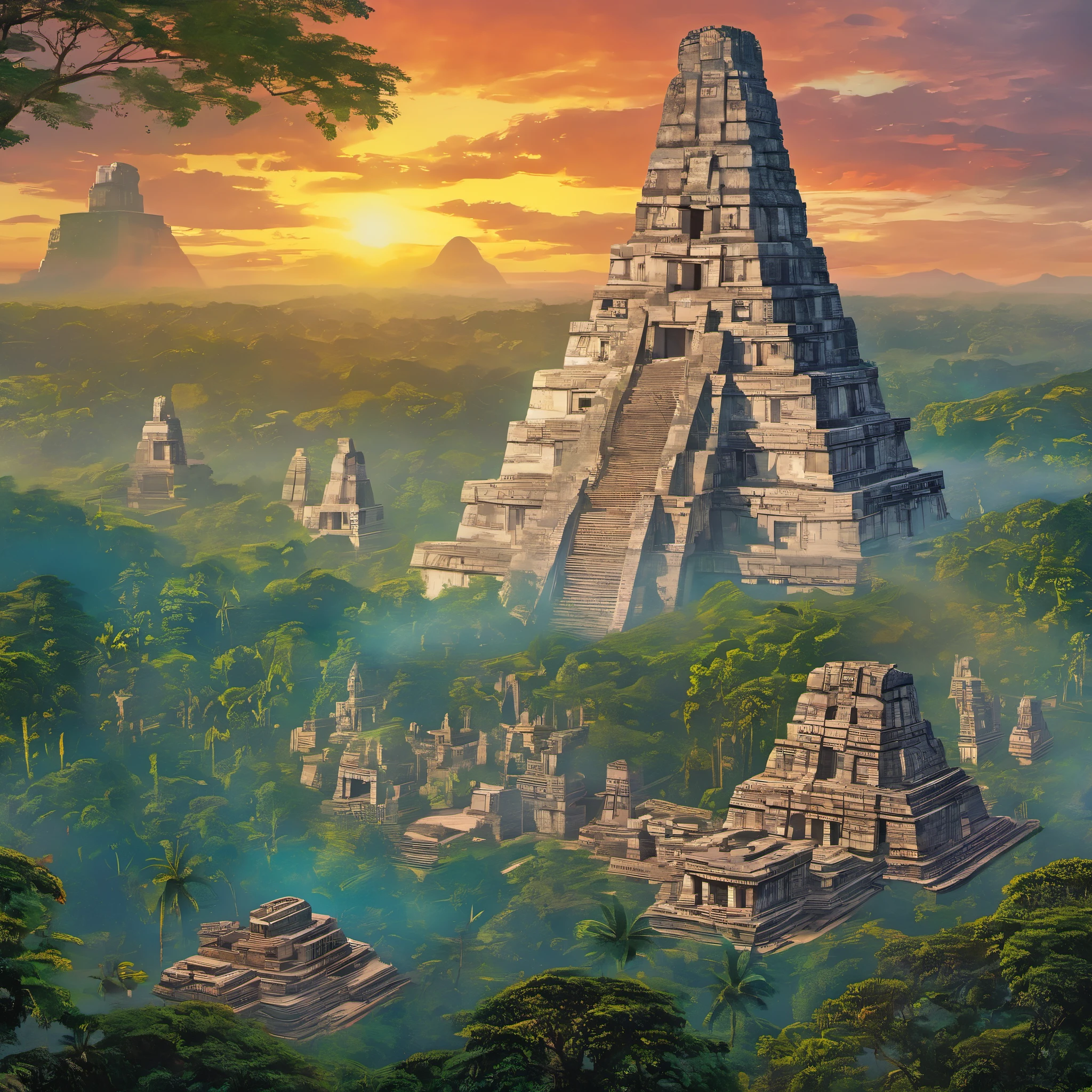 (masterpiece, best quality:1.2) Maya civilization: Transport yourself to the heart of ancient Mesoamerica with a vivid depiction of a Mayan ritual. Envision priests adorned in elaborate headdresses and ceremonial garb, their faces painted with intricate designs as they invoke the spirits of the gods. Around them, the bustling city of Tikal comes alive with activity, with intricately carved temples towering above the jungle canopy. Smoke rises from the incense burners, carrying the prayers of the people to the heavens as they gather to witness the sacred ceremony. Every detail, from the vibrant colors of the ceremonial attire to the majestic architecture of the city, is rendered with exquisite precision, capturing the mystique and grandeur of Mayan civilization in its most spiritual moments, cinematic lighting, multiple views, Wide-Angle, Ultra-Wide Angle, 135mm, f/1.8, Canon, UHD, retina, masterpiece, super detail, award winning, best quality, 4K