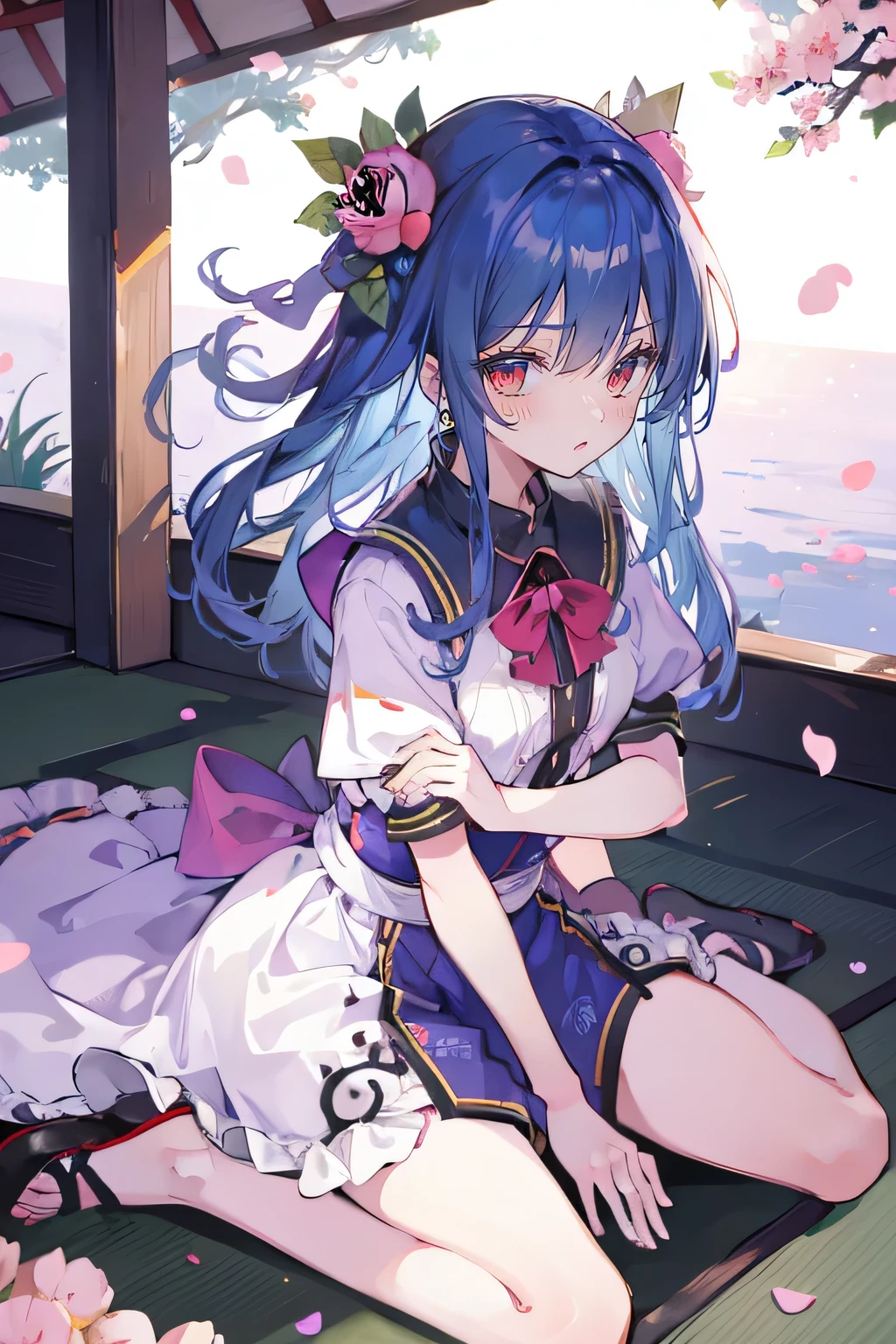 (best quality, masterpiece:1.2), expressive eyes, perfect face, 1 girl, hands on waist, beautiful, gorgeous, Japanese animation, Lola, Hinamori Angel, blue hair, floating clothes, waist grab, waist grab, hands on hips, sitting, sitting on the ground, legs on the ground, flat-chested, falling petals, sitting in a pavilion, pavilion,sunrise,Petals fall,