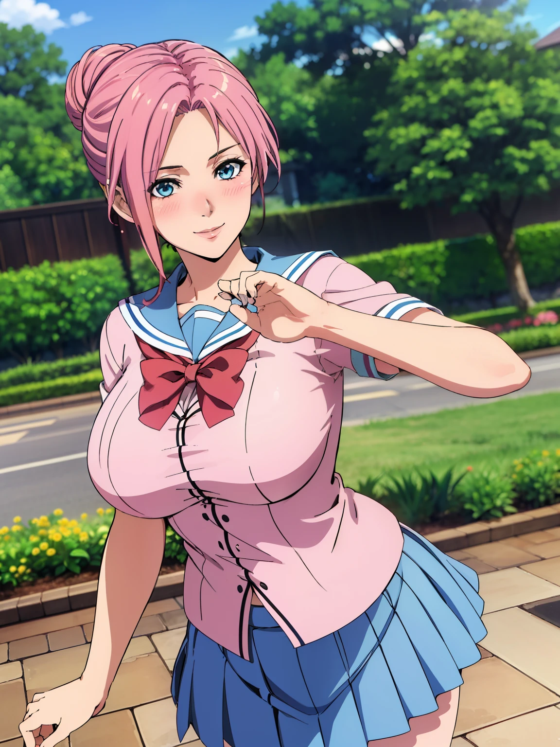 very tempting pose, (white serafuku : 1.3), blue pleated skirt, red bowtie, garden background, elise, mature woman, 25 yo, anime cels style, best quality, high resolution, 1girl, (large breasts:1.2), beautiful face, salmon pink hair tied up in a bun, blue eye, cowboy shot, smiling, blush, looking at viewer