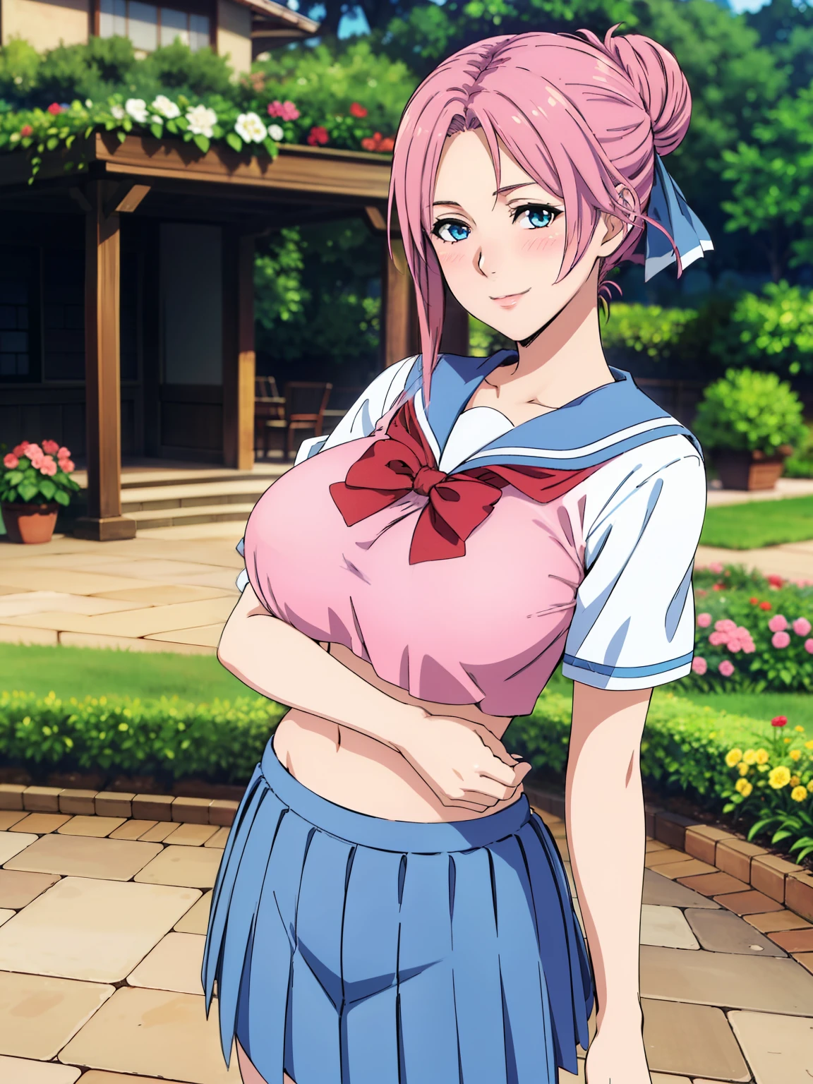 very tempting pose, (white serafuku : 1.3), blue pleated skirt, red bowtie, garden background, elise, mature woman, 25 yo, anime cels style, best quality, high resolution, 1girl, (large breasts:1.2), beautiful face, salmon pink hair tied up in a bun, blue eye, cowboy shot, smiling, blush, looking at viewer