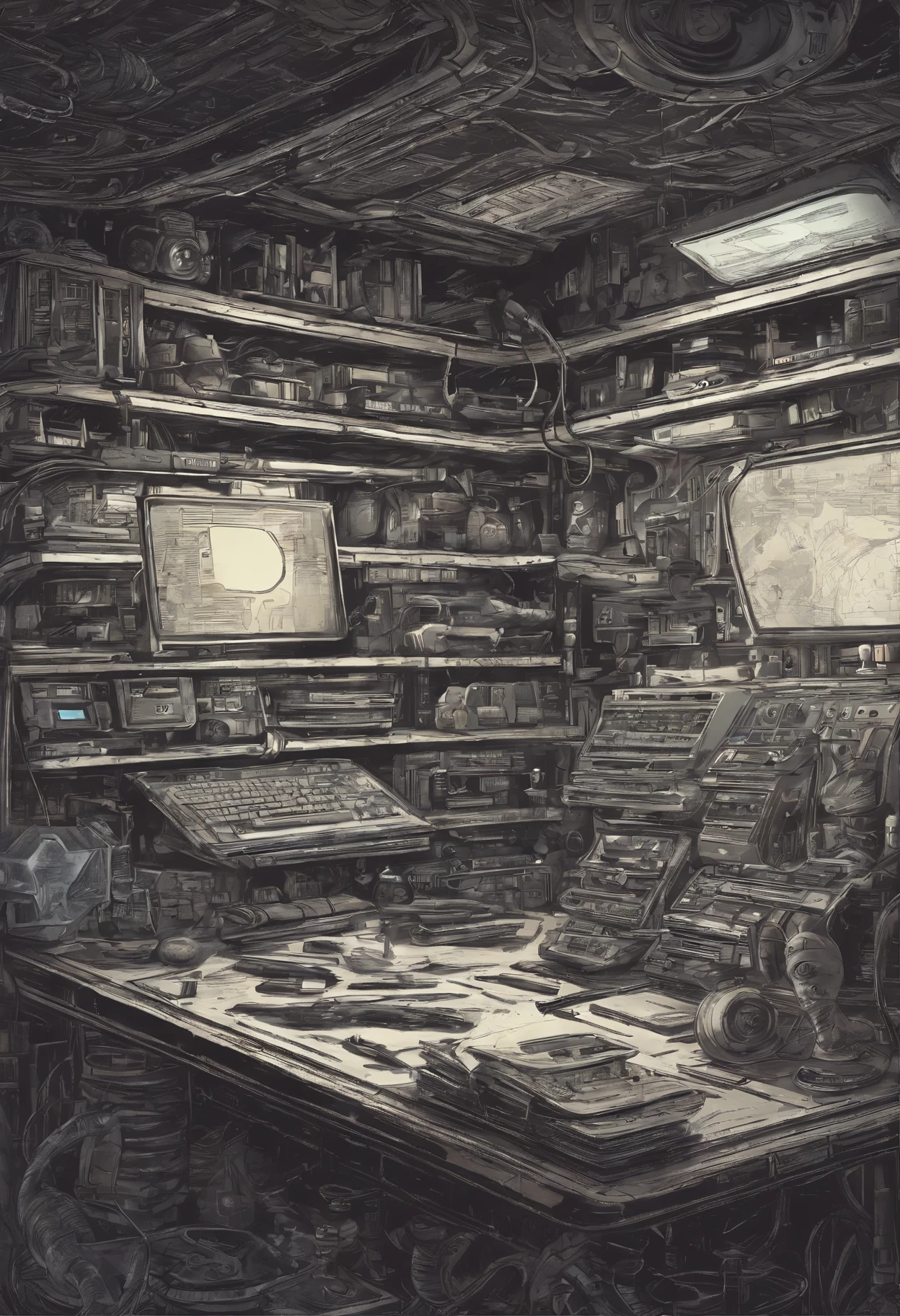 An artistic drawing desk with lots of shelves lined up together and lots of tools