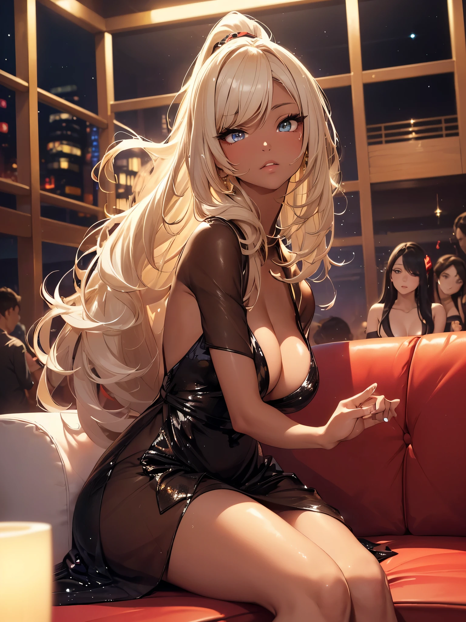 Accurate human body、Detailed people、Correct five-finger、4K - ultra-vivid、highest quality, masterpiece, Ultra-high resolution, Detailed Background、The perfect background、
(((Oily skin,Sparkling Skin、Realistic skin texture、Detailed beautiful skin、Shiny skin、Slimy skin、Glowing Skin、Shiny skin)))、
Full Body Shot, Low camera angle, Depth of written boundary, Focus on the center, Fine grain, Perfect face and eyes、
3girls 、(1 Blackskin blonde ponytail のgyaruと 1 Brown Skin black straight long hair のgyaru and 1 Whiteskin short hairのgyaru:1.3 Japanese Gyarus:1.5), Chilarism、(nightclub:1.5, Japanese nightclub lady:1.2, Nightlounge:1.2, lounge girls:1.3, neon Light and Dark)、Upper body portrait、drink alcohol、Drunkards、Fun atmosphere、sexy lady、Sit on the big red sofa、Night dress、split dress、Sequin dress、