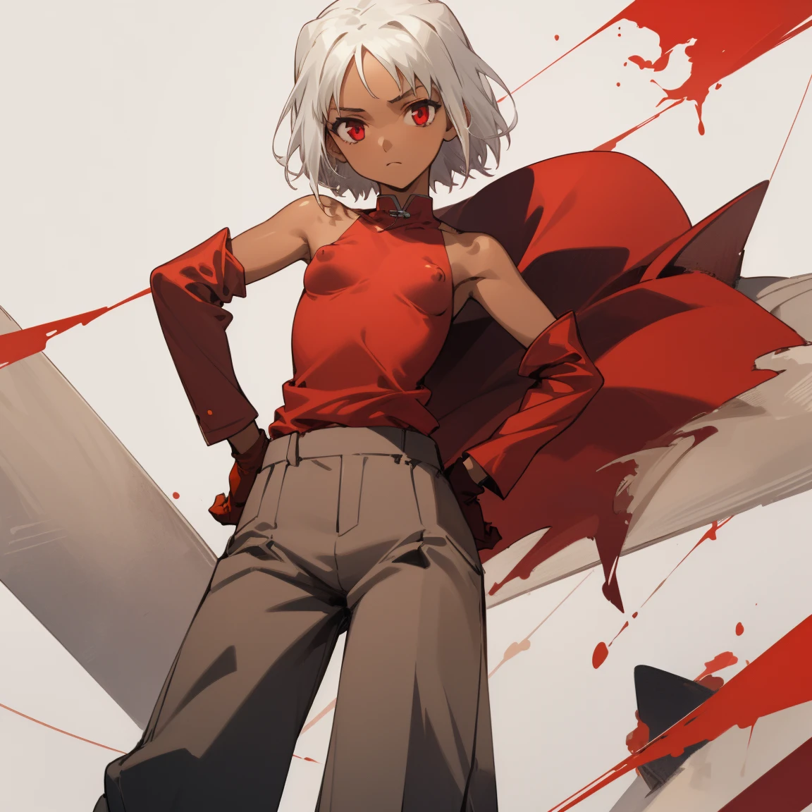 ((highest quality)), ((masterpiece)), (be familiar with), CANAAN, 1 girl, alone, silver hair,brown skin,red eyes,long pants,red sleeveless,Clothes with a visible back, Slender,slender,short hair,small breasts, erect nipples, No bra, gloves, put your hand on your waist