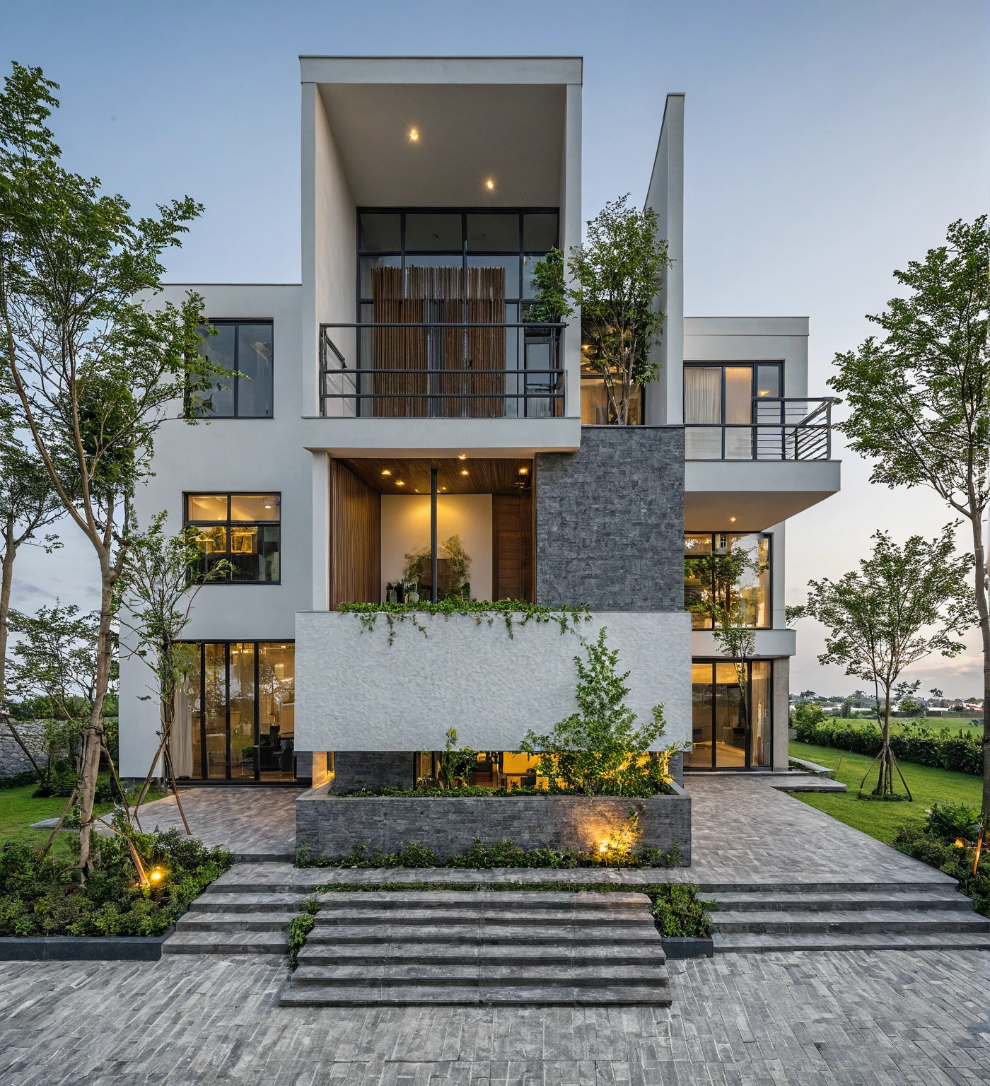 Masterpiece, high quality, best quality, authentic, super detail, outdoors, onestoreyvillaXL, aiaigroup, house style modern on the street ,stairs, white wall ,road,pavement, grass, trees, sky, cloud, (daylight:1.1)
