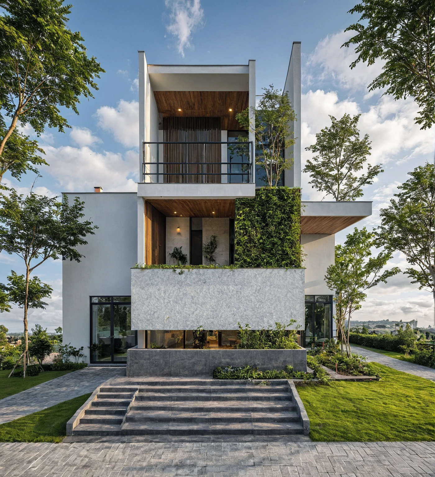 Masterpiece, high quality, best quality, authentic, super detail, outdoors, onestoreyvillaXL, aiaigroup, house style modern on the street ,stairs, white wall ,road,pavement, grass, trees, sky, cloud, (daylight:1.1)