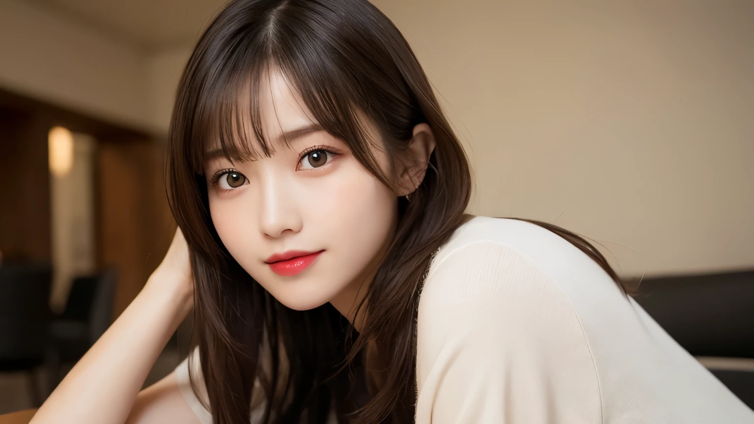 On the table, best quality, shape, Ultra Detailed, Finely, high resolution, 8k wallpaper, 完璧なダイナミックな構shape, Beautiful and delicate eyes, Medium Length Hair, Small Breasts, Natural lipstick, Casual sexy pose,Smile,20 year old girl、midnight、Beautiful and detailed face、Perfect beautiful face,big eyes、original photo、Expressing female posture using the whole body、Beautiful and delicate eyes、Small face、Beautiful duplex、Facelift and style,skirt、Beautiful golden ratio face,Long hair