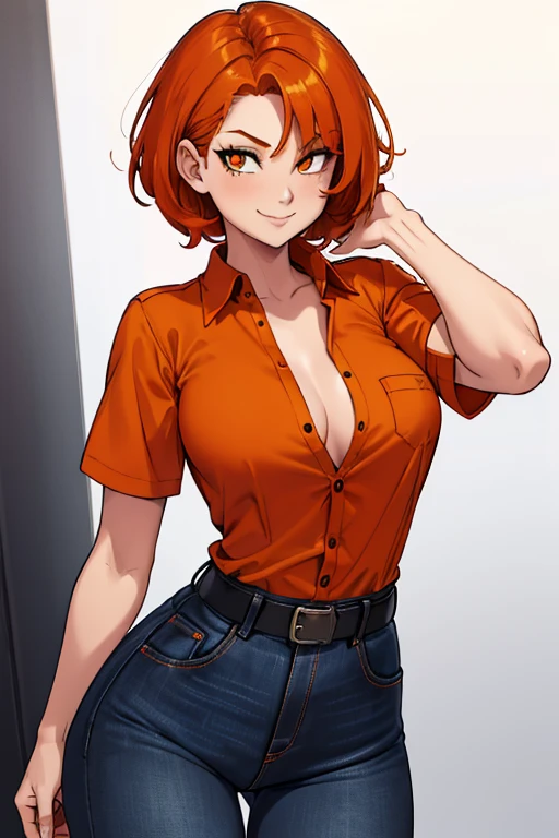 female, red short hair with yellow highlights, orange eyes, (((1girl))), (((black unbuttoned short sleeve shirt))), (orange long sleeve shirt), (black belt), (blue denim jeans), (black flats), cute and sexy, large breasts, large butt, full body, long legs, smiling