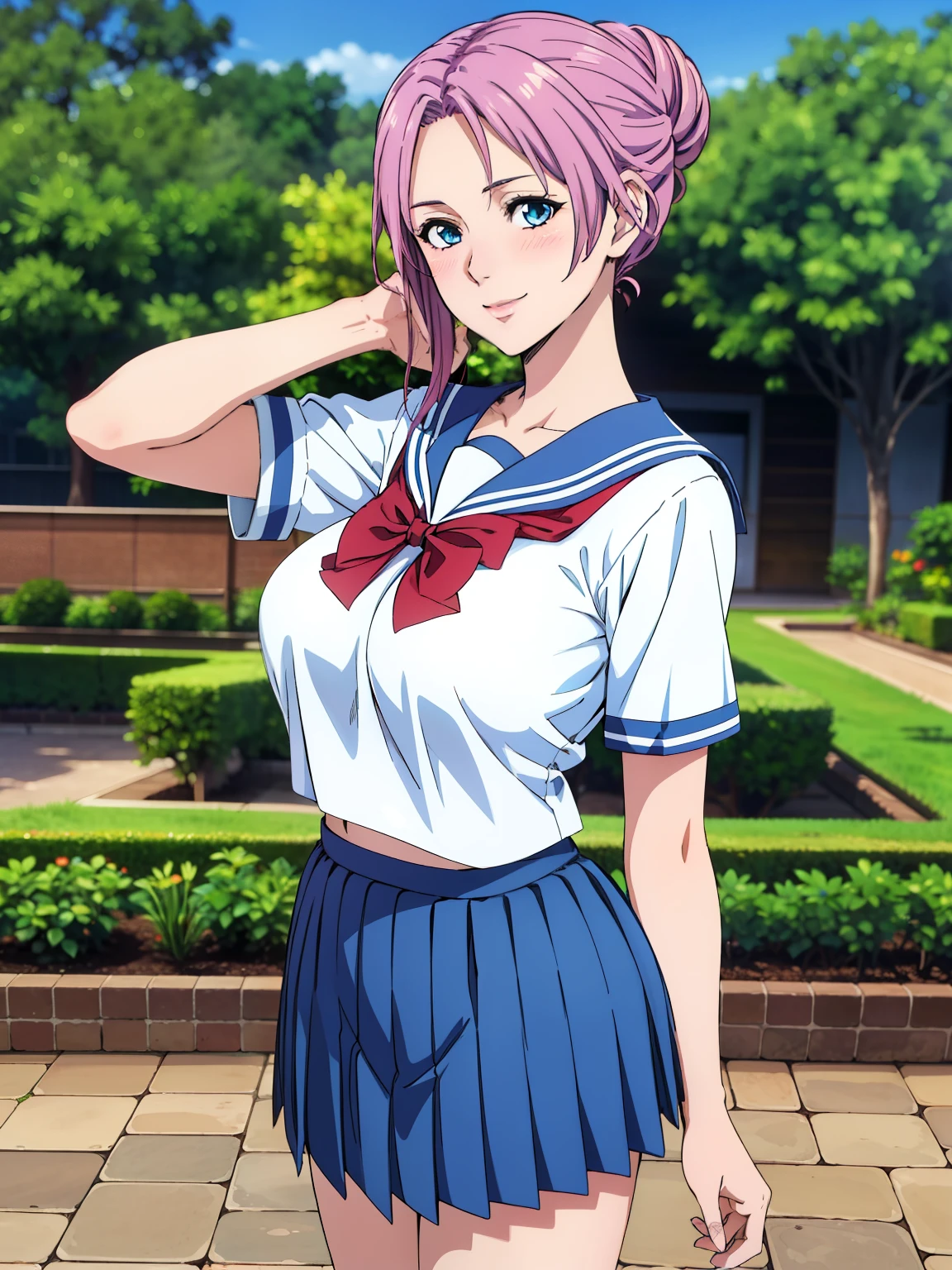 very tempting pose, (white serafuku : 1.3), blue pleated skirt, red bowtie, garden background, elise, mature woman, 25 yo, anime cels style, best quality, high resolution, 1girl, (large breasts:1.2), beautiful face, hair tied up in a bun, blue eye, cowboy shot, smiling, blush, looking at viewer