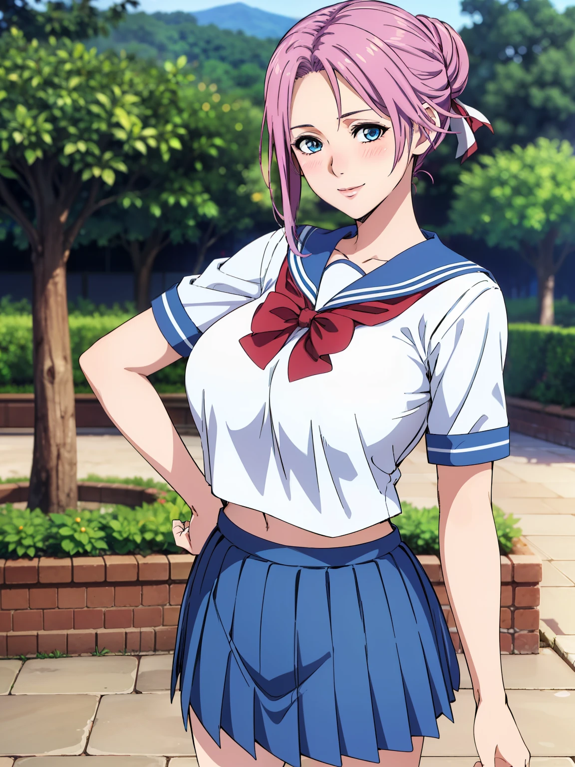 very tempting pose, (white serafuku : 1.3), blue pleated skirt, red bowtie, garden background, elise, mature woman, 25 yo, anime cels style, best quality, high resolution, 1girl, (large breasts:1.2), beautiful face, hair tied up in a bun, blue eye, cowboy shot, smiling, blush, looking at viewer