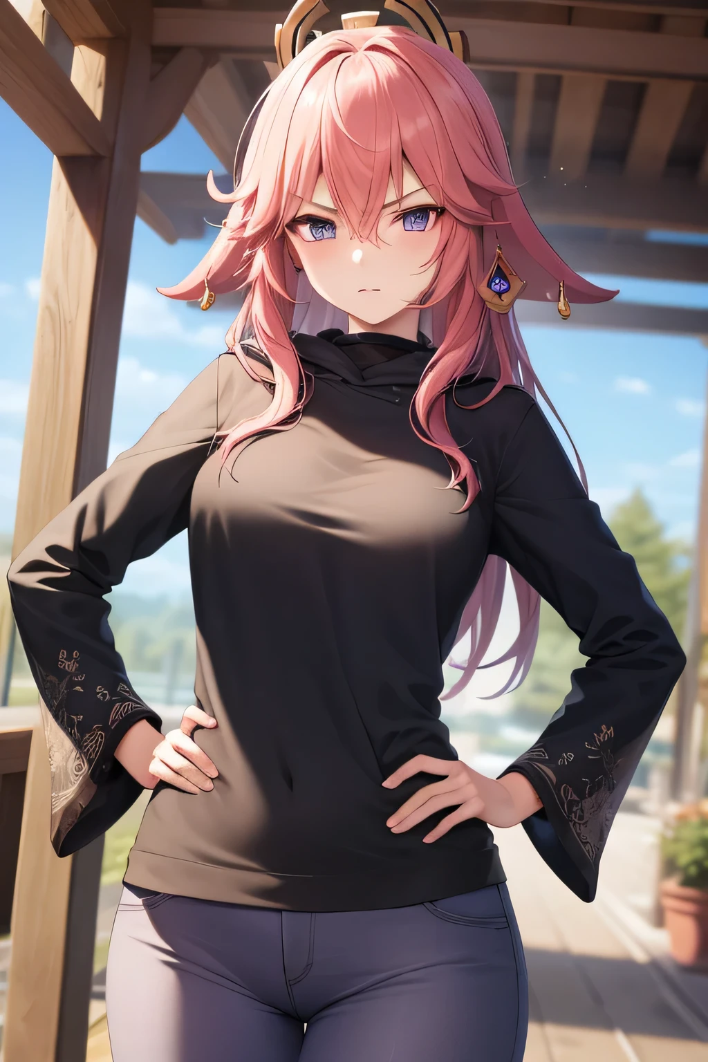 yaemiko, yae miko, floppy ears, hair between eyes, long hair, pink hair, (purple eyes:1.1), pink hair,
BREAK purple hoodie,layered sleeves, brown pants,
BREAK looking at viewer,hand on hip, angry, pov,
BREAK outdoors, shrine
BREAK (masterpiece:1.2), best quality, high resolution, unity 8k wallpaper, (illustration:0.8), (beautiful detailed eyes:1.6), extremely detailed face, perfect lighting, extremely detailed CG, (perfect hands, perfect anatomy),