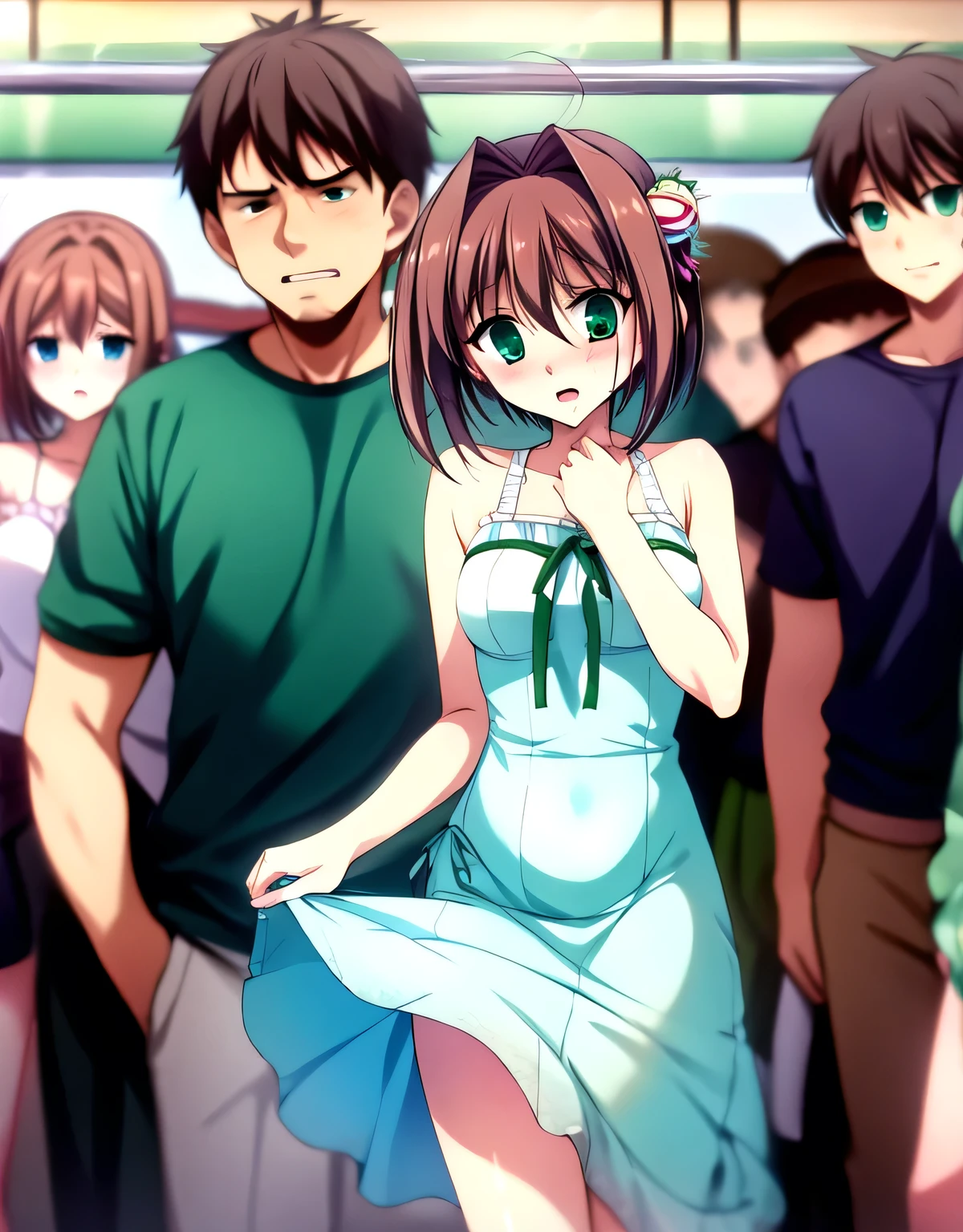 asakura_yume,(((woman１people))),Brown Hair,Normal chest,Aqua Eye,White skin,((((Are standing)))),(((((green_Summer Dresses))))),((valley)),No bra,((smile)),nsfw,(((crowded train))),((Multiple men)),((Are standing)),(((By Meng_Surrounded by middle-aged men molesting))),(((((((By Meng_Being stared at by a pervert))))))),((((Bust up shot)))),