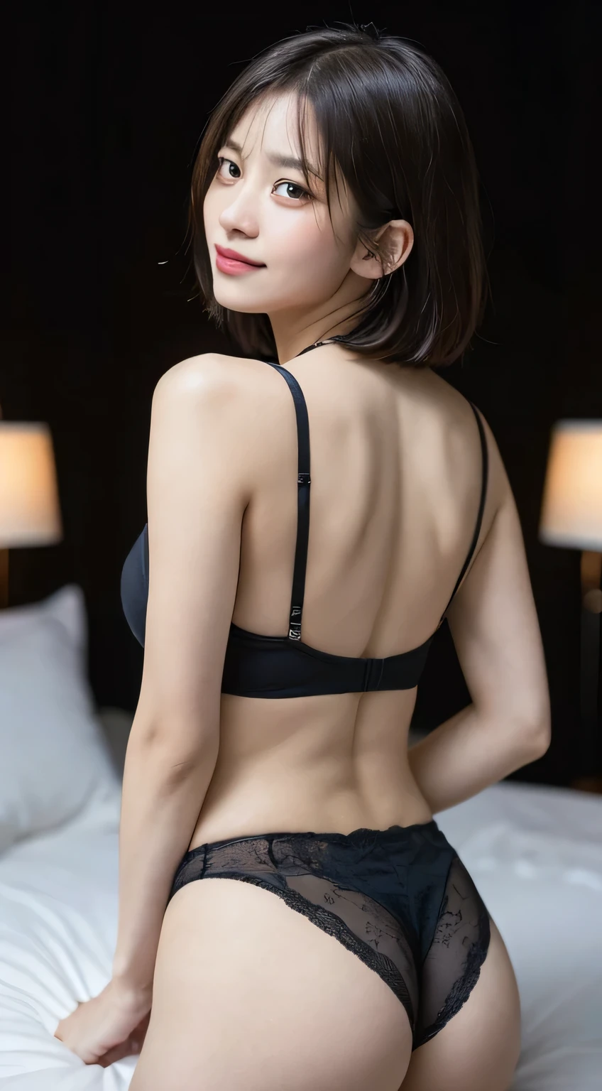 Random pose, Mix 4, (8k, raw photos, Highest quality, Masterpiece: 1.45), (realistic, Real photos: 1.37), one woman, cute, laughter、city scenery, nighttime, professional lighting(((underwear))),(((bed in room))),Photon mapping, radio city, Physical rendering, gradient black hair, gray hair, short straight bob cut,girl,handsome, with women, Big and full breasts,highest quality photos, high resolution, 1080p, (Clear face), (Detailed description of the face), (Detailed description of the hands), (Masterpiece), Lively, intense light and shadow, messy hair, Masterpiece, Various details, (Detailed facial features), (highest quality photos), (Masterpiece), (finely adjusted), pair、Look in front of you, thin collarbone,Focus on the armpit area、Showing the breasts underneath,(((rear))),(((Butt protruding)))