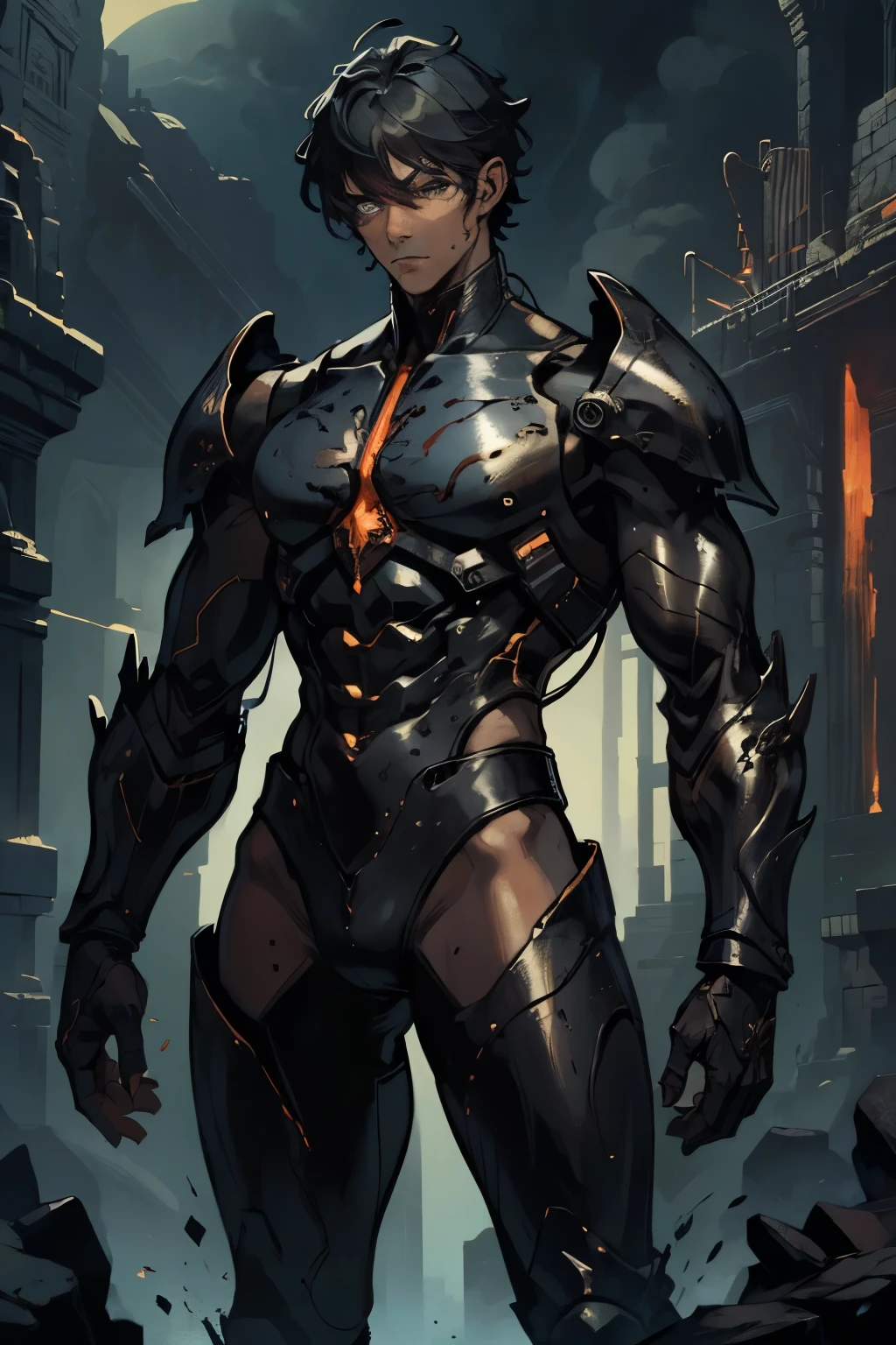 Man, homunculus, build, fantasy, uniform, partial armor, wax body, iron veins, Brilliant eyes
