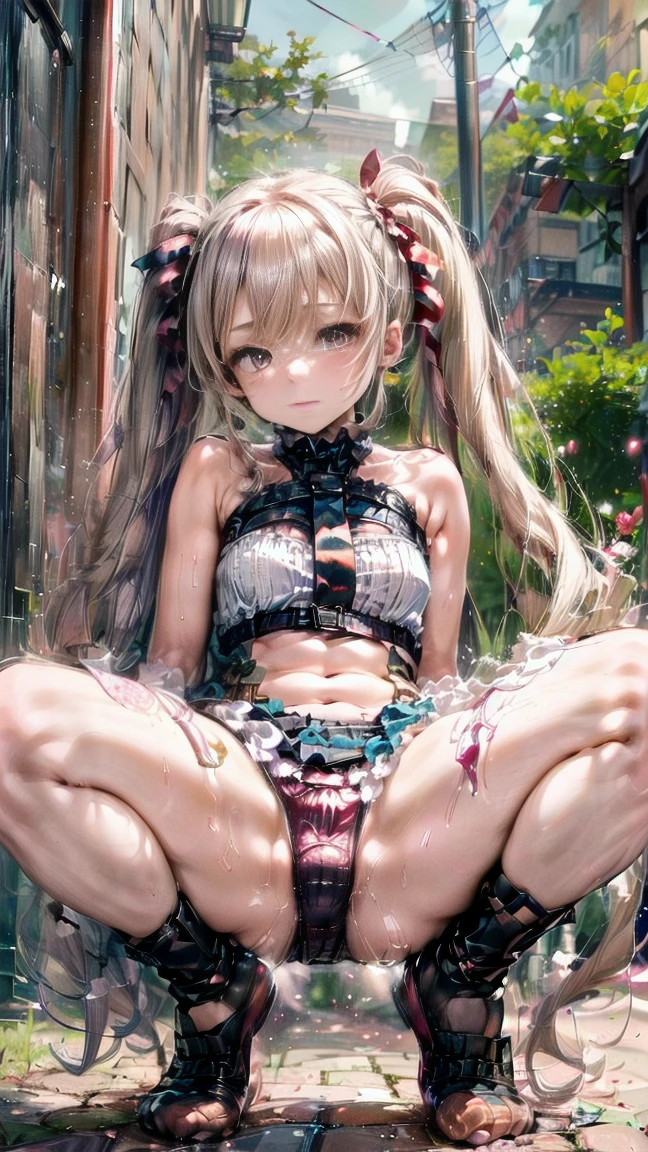 (Images that are not subject to viewing restrictions:1.5),(BESTquality),(16K),(Super Resolution),(White-skinned cute beauty),(Delicate anime),(High twin tail hair:1.5)(very cute),(very cute美女)(1 person),(Very delicate),(Squat with your feet wide apart:1.8),(smile),(Beautiful body:1.3),(Smart body:1.3),(Angle from below:1.2),(Worshiped by everyone:1.2),(Frilled Skirt:1.3),(blush),(誘うようなsmile:1.3),(PINK Panties:1.3),(Sit with your crotches wide open to the left and right.:1.8),(PINK Pantiesのスーパーモデル:1.3),(Sharp details of the crotch:1.2),(Bright lighting),(Belly button exposed:1.2),(See-through panties:1.2),(Frill Panties:1.3),(Thin suspenders:1.2),(White knee socks:1.2),(garter belt:1.3),(Sweating profusely),(Very hot day),(Largely torn clothes:1.3),(Belly button dent),(Pink Shoes:1.5),(She is doing a sports diet by doing squats with her legs spread wide apart:1.2),(Angle from the model's crotch:1.3),(DOUBLEHAND BEHIND HEAD AND SQUAT:1.3),(Slender sexy female legs:1.3),(Micro Panties:1.3),(perfectfinger:1.2) ( purple hair:1.3 ),({ Asamiya Athena :1.3 }),