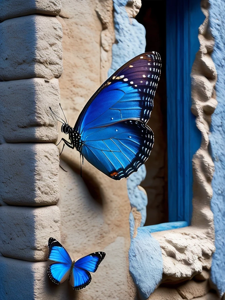 Close-up of a blue butterfly outside a rectangular stone window ,Butterfly,Flying,Confined to a small space,blue ,wallpaper ,infp little butterfly