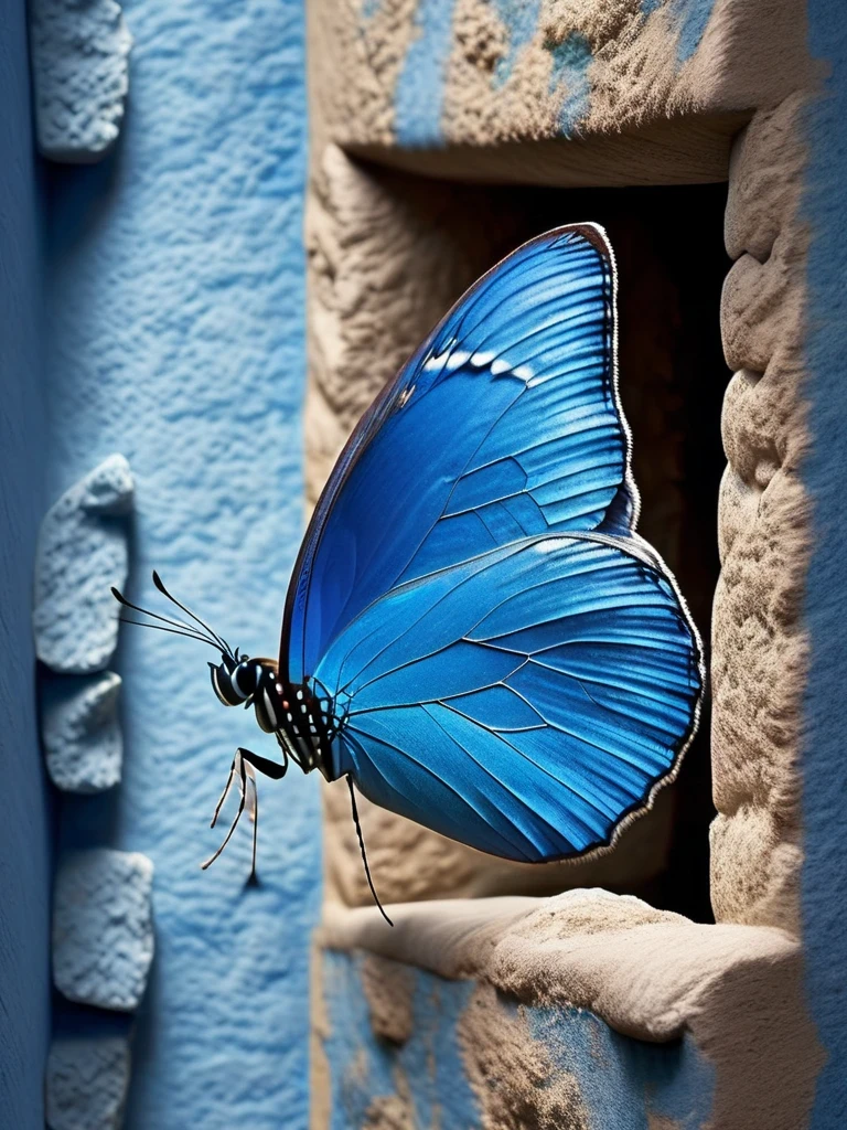 Close-up of a blue butterfly outside a rectangular stone window ,Butterfly,Flying,Confined to a small space,blue ,wallpaper ,infp little butterfly