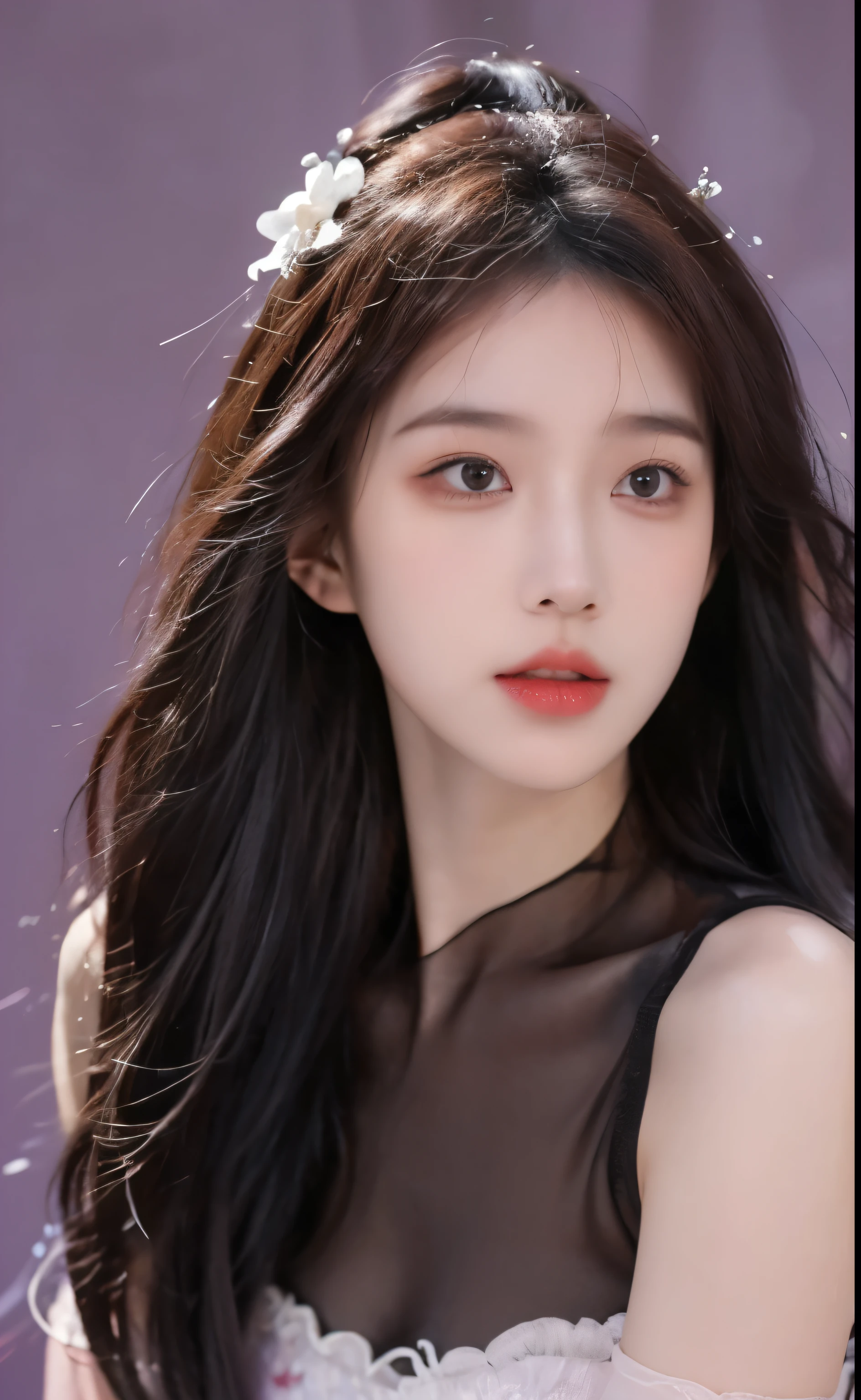 Revised sentence: "A solo girl . She has parted lips and is looking at the viewer from the side profile while standing against a simple purple background with a purple flower. Her upper body, which has English text on it. Additionally, she has bangs and another hair flower." hte,1girl,long hair,boots,purple hair,black gloves,veil,cleavage,pantyhose,large breasts,shorts,yellow eyes,