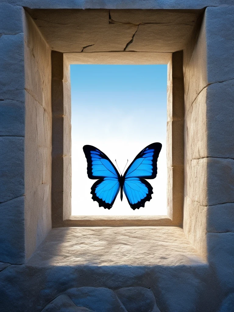 Minimal Art，（Silhouette of a blue butterfly flying in the air outside the rectangular stone window）， Light and shadow，Minimal Art，Retro,  background, by Ken Elias, National Geographic Photo”, blue mood, , A stunning photo, Blue vibe