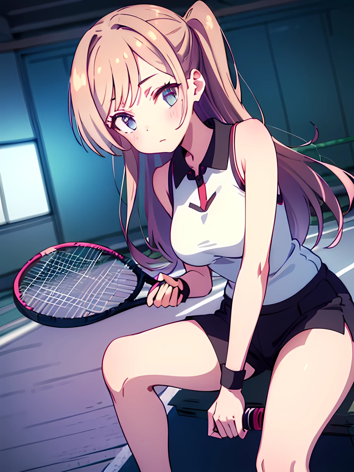 unity 8k wallpaper, ((anatomically correct)), (((masterpiece))), (((best quality))), (((ultra detailed))), (((high-resolution))), ((super fine illustration)), detailed beautiful face, 1 girl, 18 years old, shiny hair, ((super cute)), (long hair:1.3), break,(holding a Beautiful tennis racket with one hand:1.3), break, (sleeveless sportswear), (wrist band), shorts, dynamic angle, (head to thigh view:1.3), looking at viewers