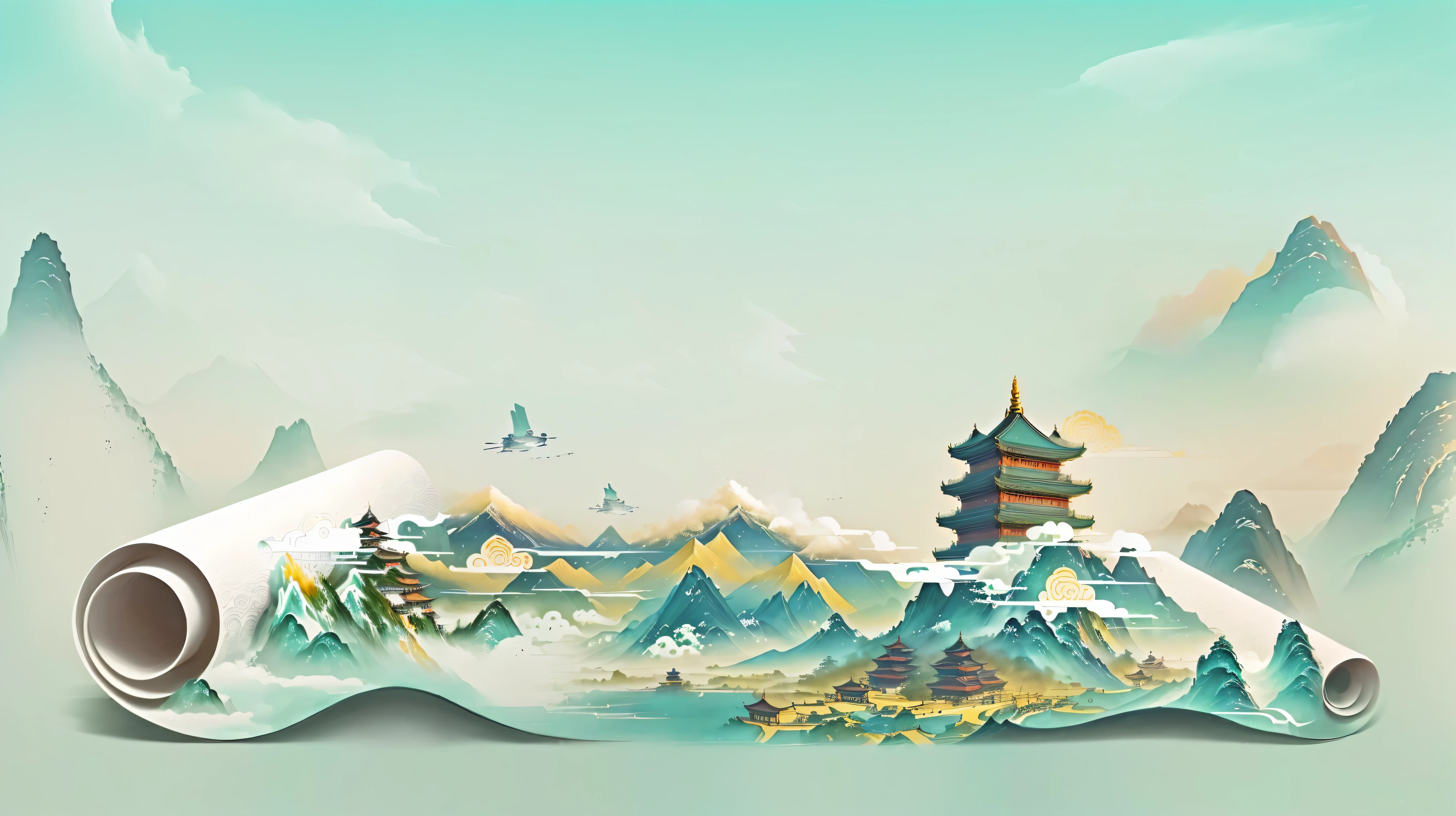 There is a scroll，There are mountains and pagodas painted on it.,（Clouds floating above the mountain），Detailed view of cranes flying above the clouds - width 672, Chinese watercolor style, 4k hd illustration wallpaper, 4k hd wallpaper illustration, Chinese style, Chinese painting style, Oriental Wallpaper, A beautiful artistic illustration, Beautiful rendering of the Tang Dynasty, Chinese style景, Landscape Artwork, Wallpaper Art