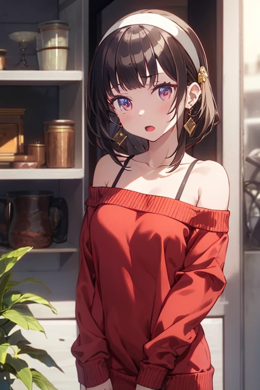 masterpiece, yor, 1girl, solo, looking at viewer, open mouth, black hair, red eyes, dress, bare shoulders, jewelry, collarbone, sidelocks, hairband, earrings, indoors, off shoulder, :o, sweater, arms behind back, plant, short hair with long locks, white hairband, off-shoulder dress, sweater dress, off-shoulder sweater, red sweater, big side hair, very long side hair,is rendered in (masterpiece: 1.2, best quality), with (ultra high resolution) and an exquisite (depth of field). This masterpiece is not only visually stunning but also tells