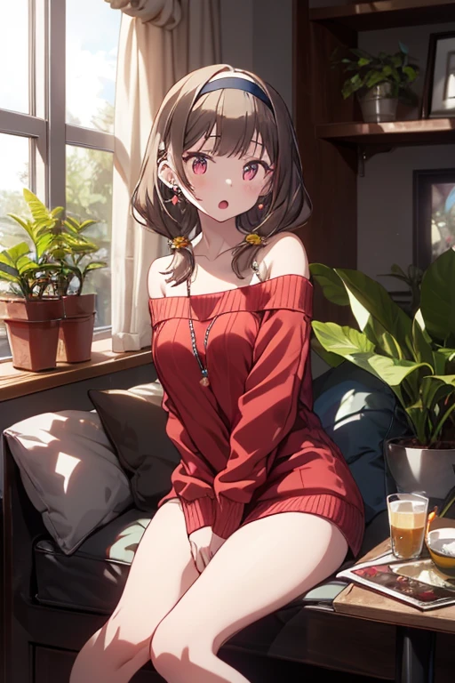 masterpiece, yor, 1girl, solo, looking at viewer, open mouth, black hair, red eyes, dress, bare shoulders, jewelry, collarbone, sidelocks, hairband, earrings, indoors, off shoulder, :o, sweater, arms behind back, plant, short hair with long locks, white hairband, off-shoulder dress, sweater dress, off-shoulder sweater, red sweater, big side hair, very long side hair,is rendered in (masterpiece: 1.2, best quality), with (ultra high resolution) and an exquisite (depth of field). This masterpiece is not only visually stunning but also tells