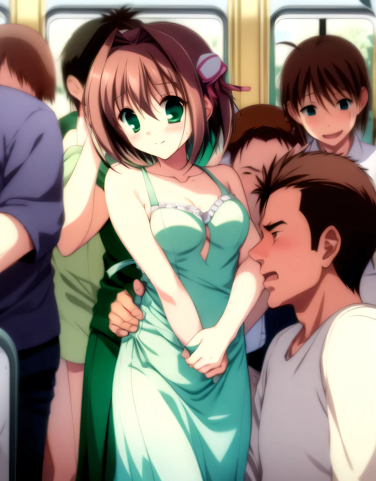 asakura_yume,(((woman１people))),Brown Hair,Normal chest,Aqua Eye,White skin,((((Are standing)))),(((((green_Summer Dresses))))),((valley)),No bra,((smile)),nsfw,(((crowded train))),((Multiple men)),((Are standing)),(((By Meng_Surrounded by middle-aged men molesting))),((((Bust up shot)))),