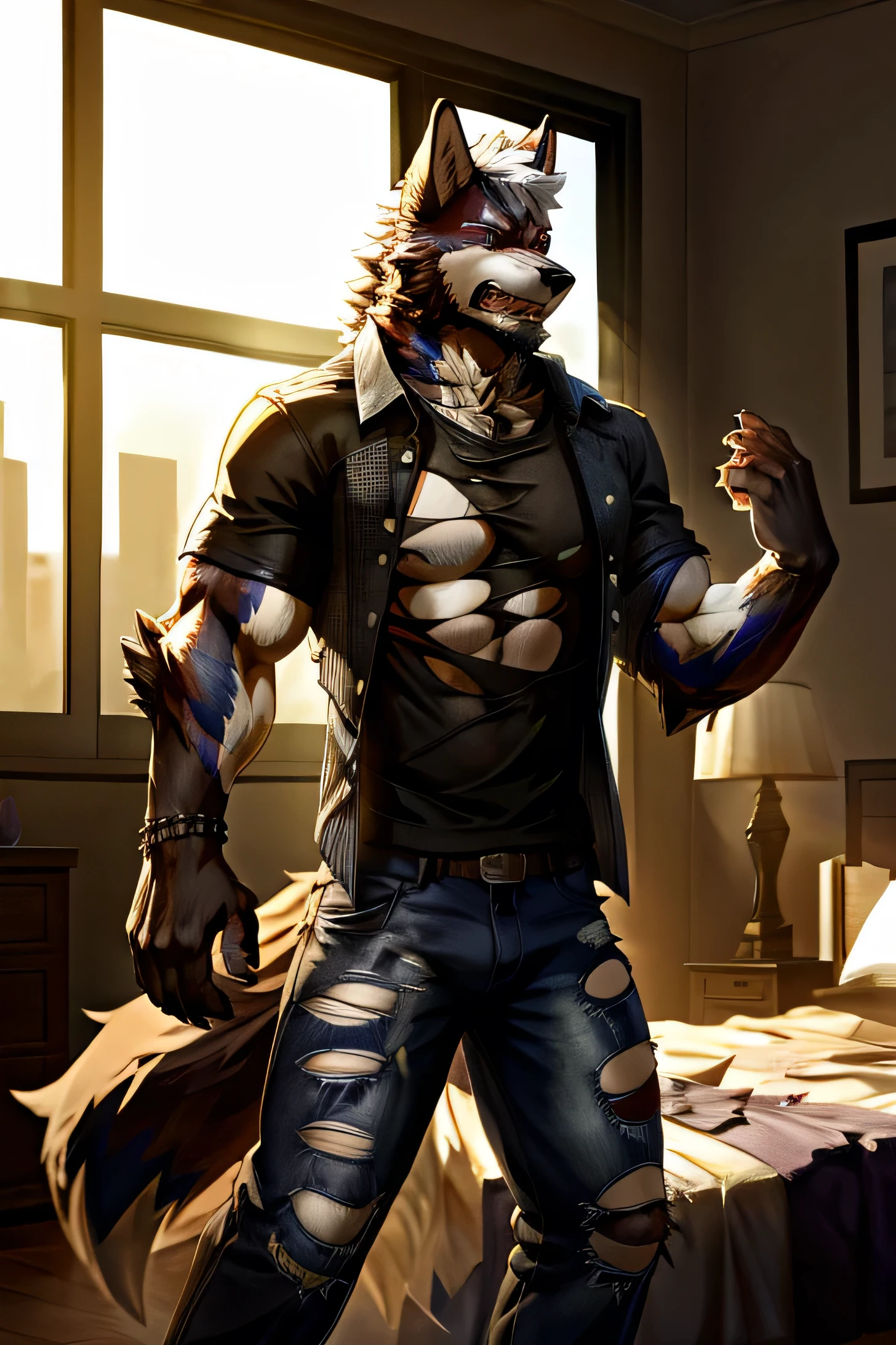 Fine details + Thick fur details + Details of all torn clothes + Medium muscles + Age 22 + Majestic transformation into a wolf + 80% transformation rate + Clothes: All torn clothes + Suffering and pain + Bedroom background + Sunlight