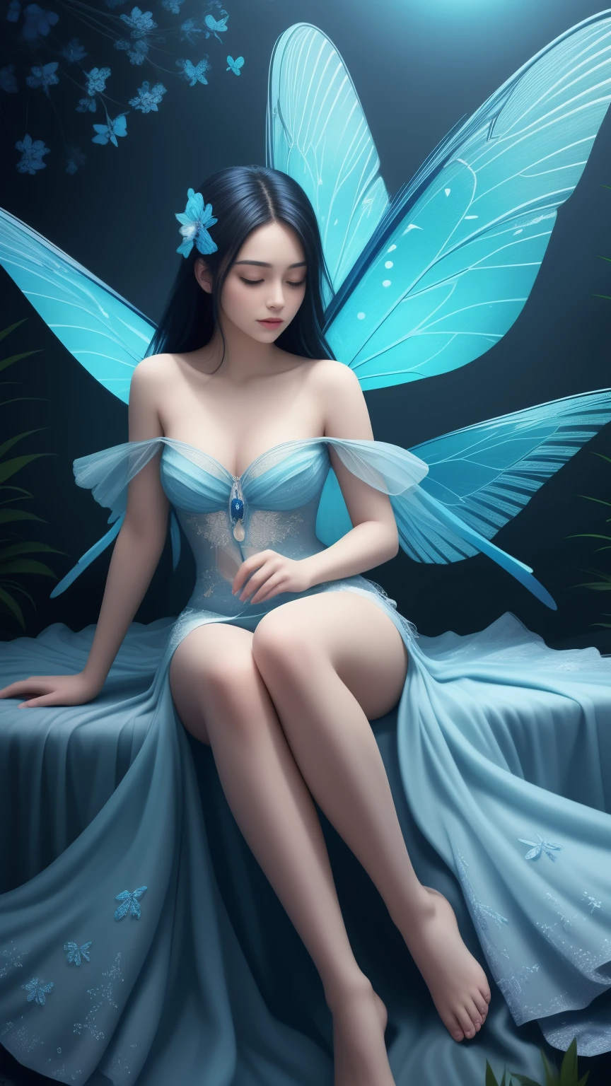 In the enchanting realm of ethereal beauty, a mesmerizing blue butterfly graces the scene with its iridescent wings shimmering in the soft, moonlit glow. The butterfly's wings are a stunning canvas of exquisite blue hues, blending seamlessly from a gentle sapphire to a captivating cerulean. Its delicate body rests atop the outstretched petals of a fully bloomed, pastel blue flower, marking a rare moment of tranquility and harmony in nature. The butterfly's wings are adorned with intricate veins, giving them a bejeweled appearance, while its tiny, dusted feet clutch onto the