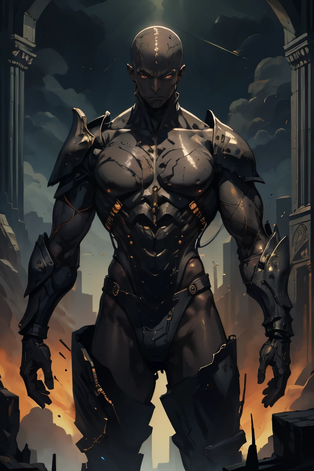 Man, homunculus, build, fantasy, uniform, partial armor, wax body, iron veins, Brilliant eyes