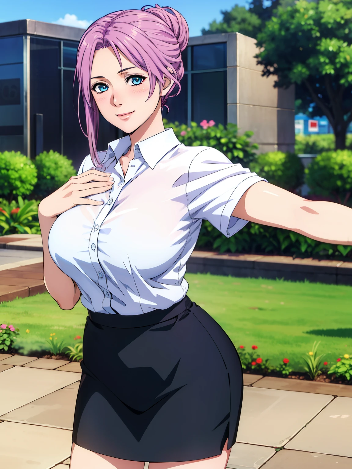 very tempting pose, (white office shirt : 1.3), black skirt, garden background, elise, mature woman, 25 yo, anime cels style, best quality, high resolution, 1girl, (large breasts:1.2), beautiful face, hair tied up in a bun, blue eye, cowboy shot, smiling, blush, looking at viewer