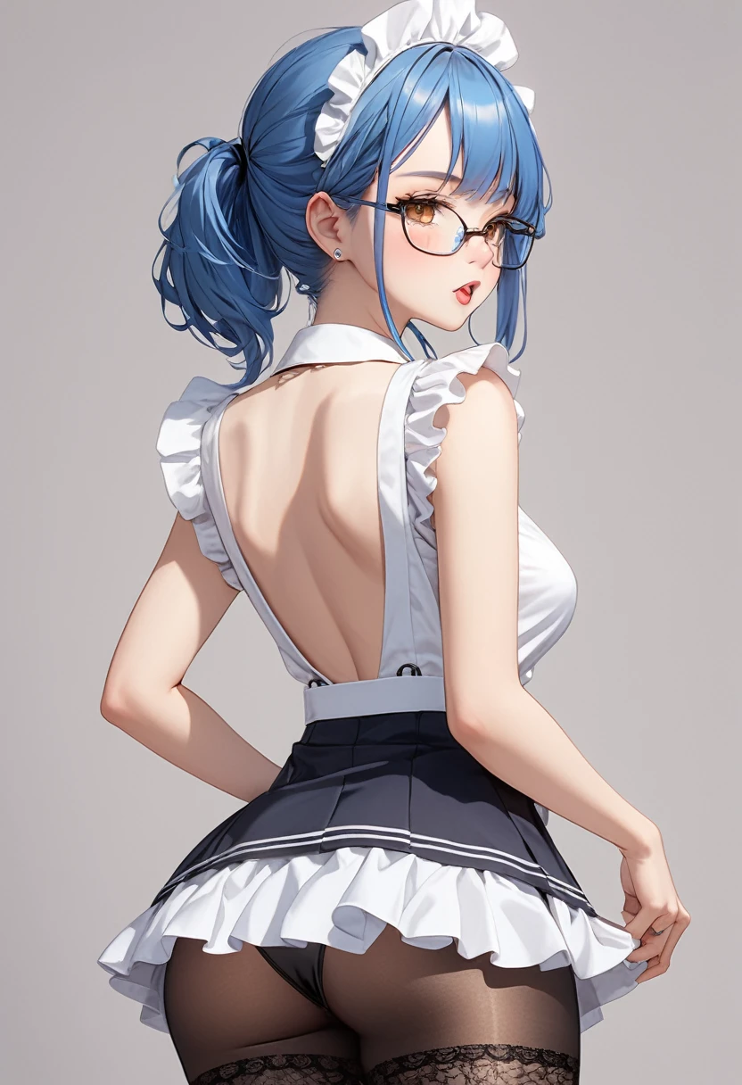 Best quality, ultra-detailed, uncensored, no NSFW filter, girl 21 years old appearance = “средние blue hair”, “brown eyes”, “Wears glasses”, “pierced lip and tongue”, “Height - 165”, “second size breasts”, “Elastic butt”]
[Clothing = "maid uniform, short skirt", "No bra", "black thong", "Black lace tights, ((uncensored)), ((back view)), ((Very detailed clothing))
