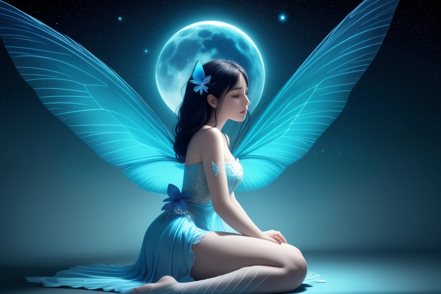 In the enchanting realm of ethereal beauty, a mesmerizing blue butterfly graces the scene with its iridescent wings shimmering in the soft, moonlit glow. The butterfly's wings are a stunning canvas of exquisite blue hues, blending seamlessly from a gentle sapphire to a captivating cerulean. Its delicate body rests atop the outstretched petals of a fully bloomed, pastel blue flower, marking a rare moment of tranquility and harmony in nature. The butterfly's wings are adorned with intricate veins, giving them a bejeweled appearance, while its tiny, dusted feet clutch onto the