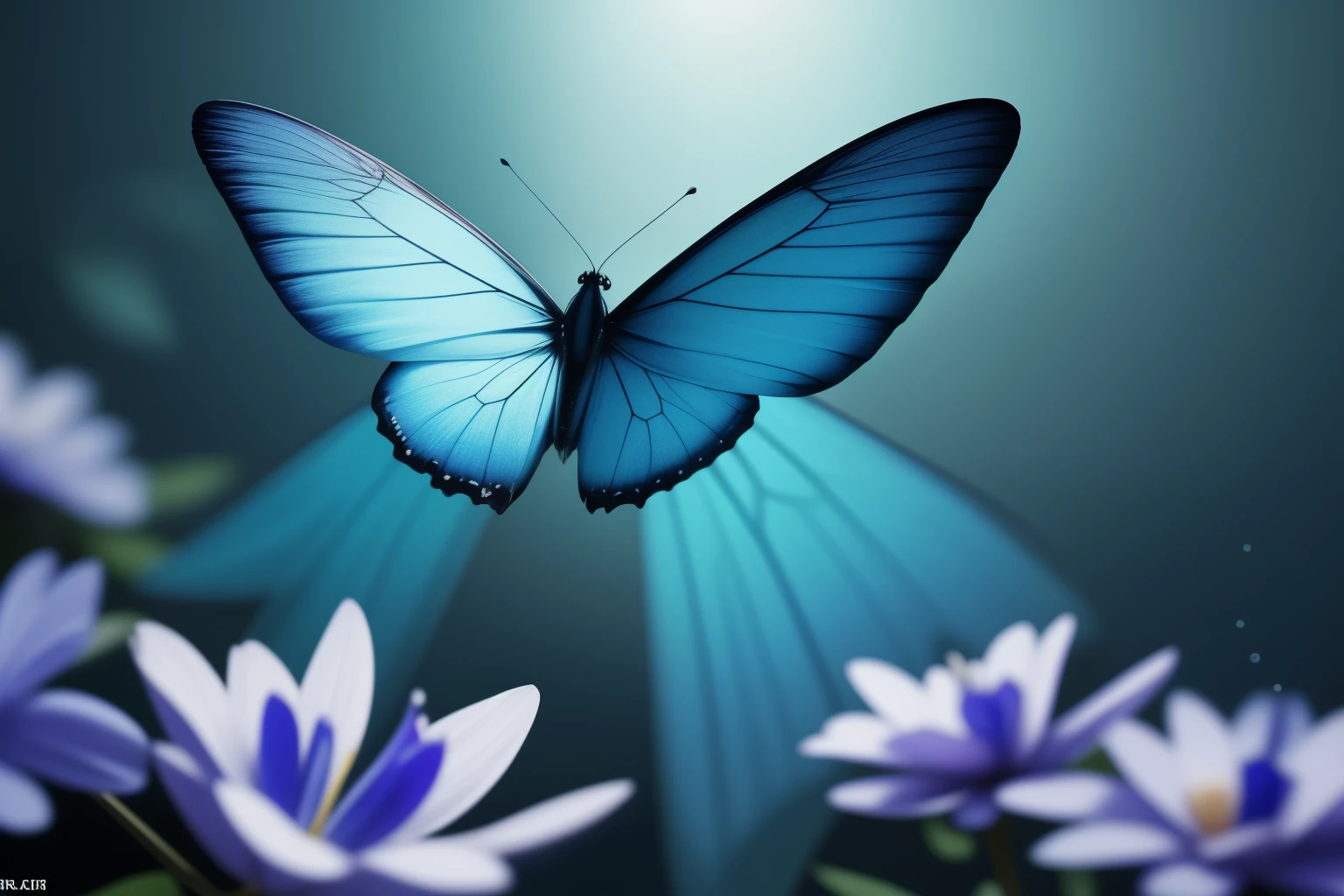 In the enchanting realm of ethereal beauty, a mesmerizing blue butterfly graces the scene with its iridescent wings shimmering in the soft, moonlit glow. The butterfly's wings are a stunning canvas of exquisite blue hues, blending seamlessly from a gentle sapphire to a captivating cerulean. Its delicate body rests atop the outstretched petals of a fully bloomed, pastel blue flower, marking a rare moment of tranquility and harmony in nature. The butterfly's wings are adorned with intricate veins, giving them a bejeweled appearance, while its tiny, dusted feet clutch onto the