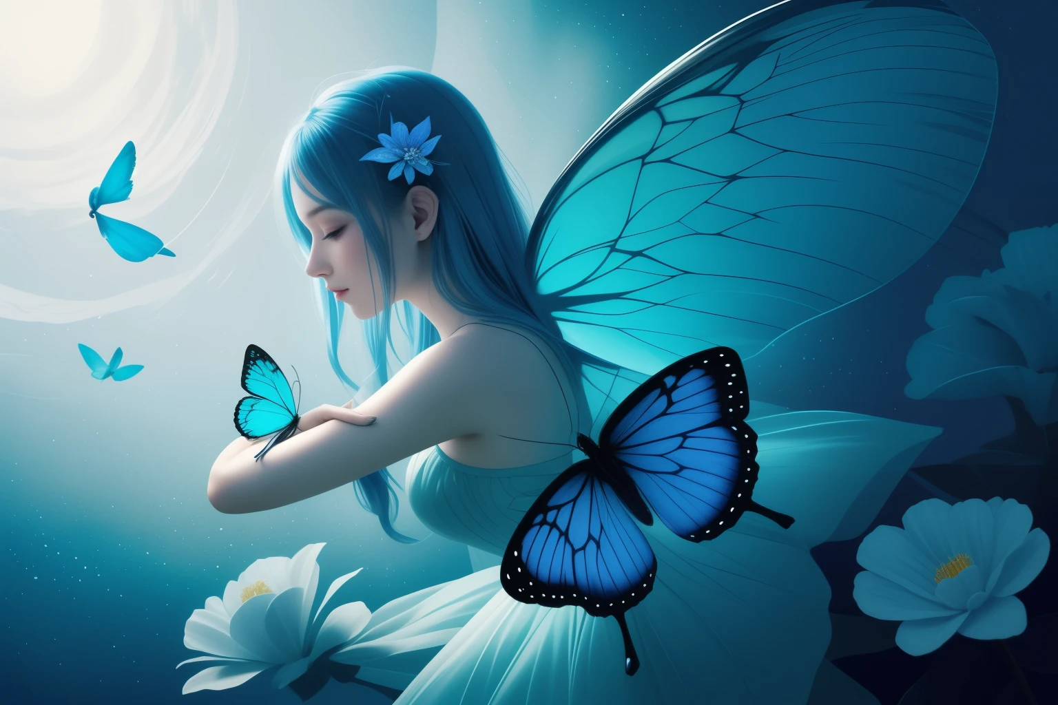 In the enchanting realm of ethereal beauty, a mesmerizing blue butterfly graces the scene with its iridescent wings shimmering in the soft, moonlit glow. The butterfly's wings are a stunning canvas of exquisite blue hues, blending seamlessly from a gentle sapphire to a captivating cerulean. Its delicate body rests atop the outstretched petals of a fully bloomed, pastel blue flower, marking a rare moment of tranquility and harmony in nature. The butterfly's wings are adorned with intricate veins, giving them a bejeweled appearance, while its tiny, dusted feet clutch onto the