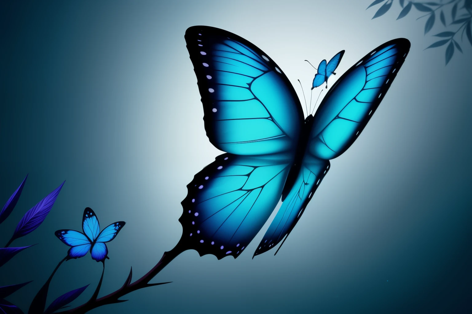 In the enchanting realm of ethereal beauty, a mesmerizing blue butterfly graces the scene with its iridescent wings shimmering in the soft, moonlit glow. The butterfly's wings are a stunning canvas of exquisite blue hues, blending seamlessly from a gentle sapphire to a captivating cerulean. Its delicate body rests atop the outstretched petals of a fully bloomed, pastel blue flower, marking a rare moment of tranquility and harmony in nature. The butterfly's wings are adorned with intricate veins, giving them a bejeweled appearance, while its tiny, dusted feet clutch onto the